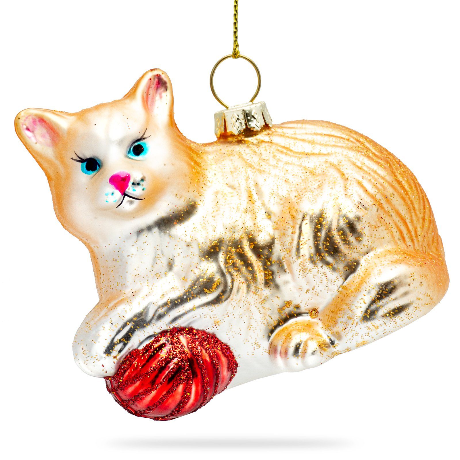 Christbaumschmuck BS187 Katze mit Wollknäuel Glas Figur Weihnachtsbaum Anhänger