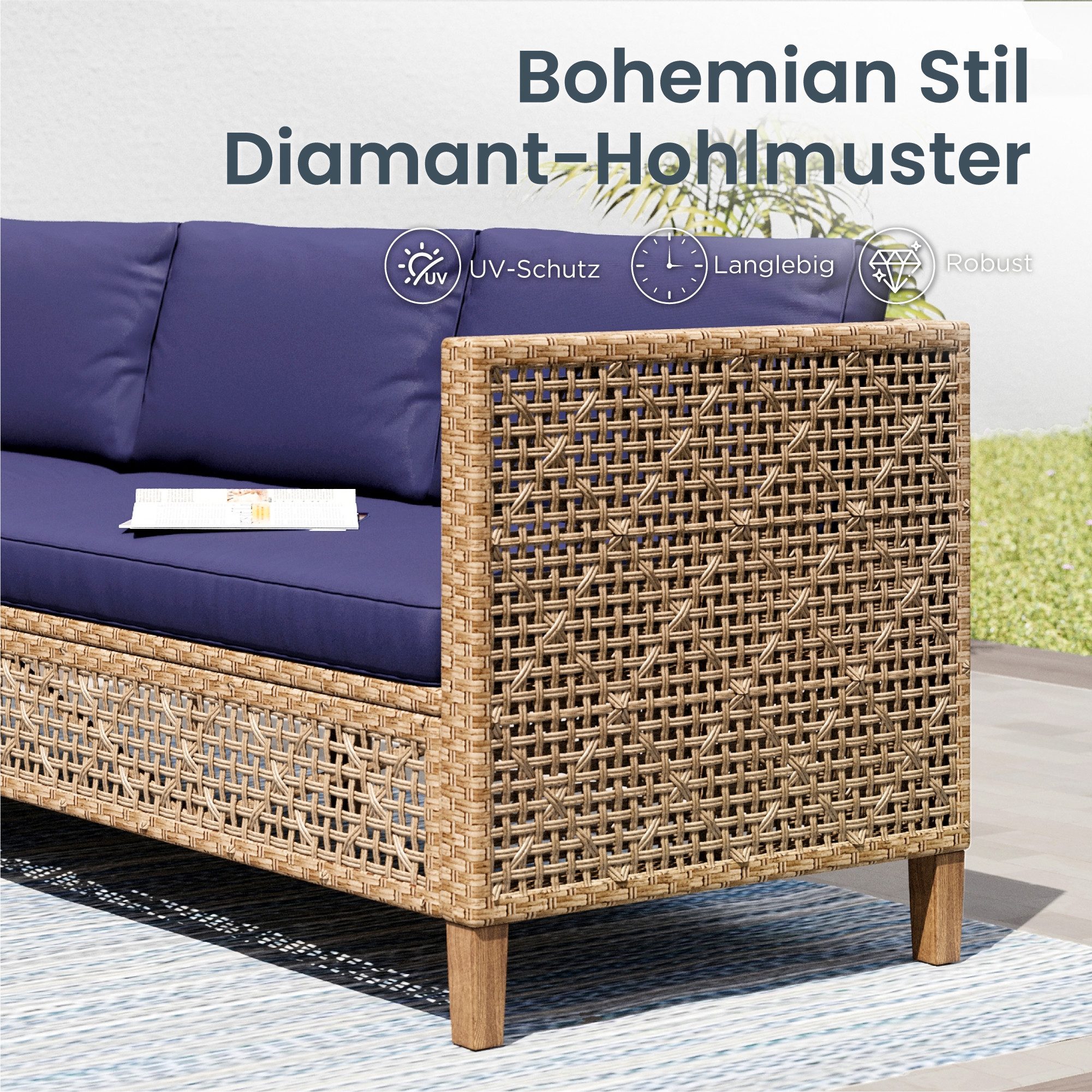 PHI VILLA Gartenlounge-Set, (1 Zweisitzer-Sofa, 2 Einzelsofas, 1 Chaiselongue und 1 Kleiner Couchtisch, PE Rattan Lounge Möbel Outdoor), 6 Personen Terassenmöbel Außen Gartensofa, Beige und Dunkelblau
