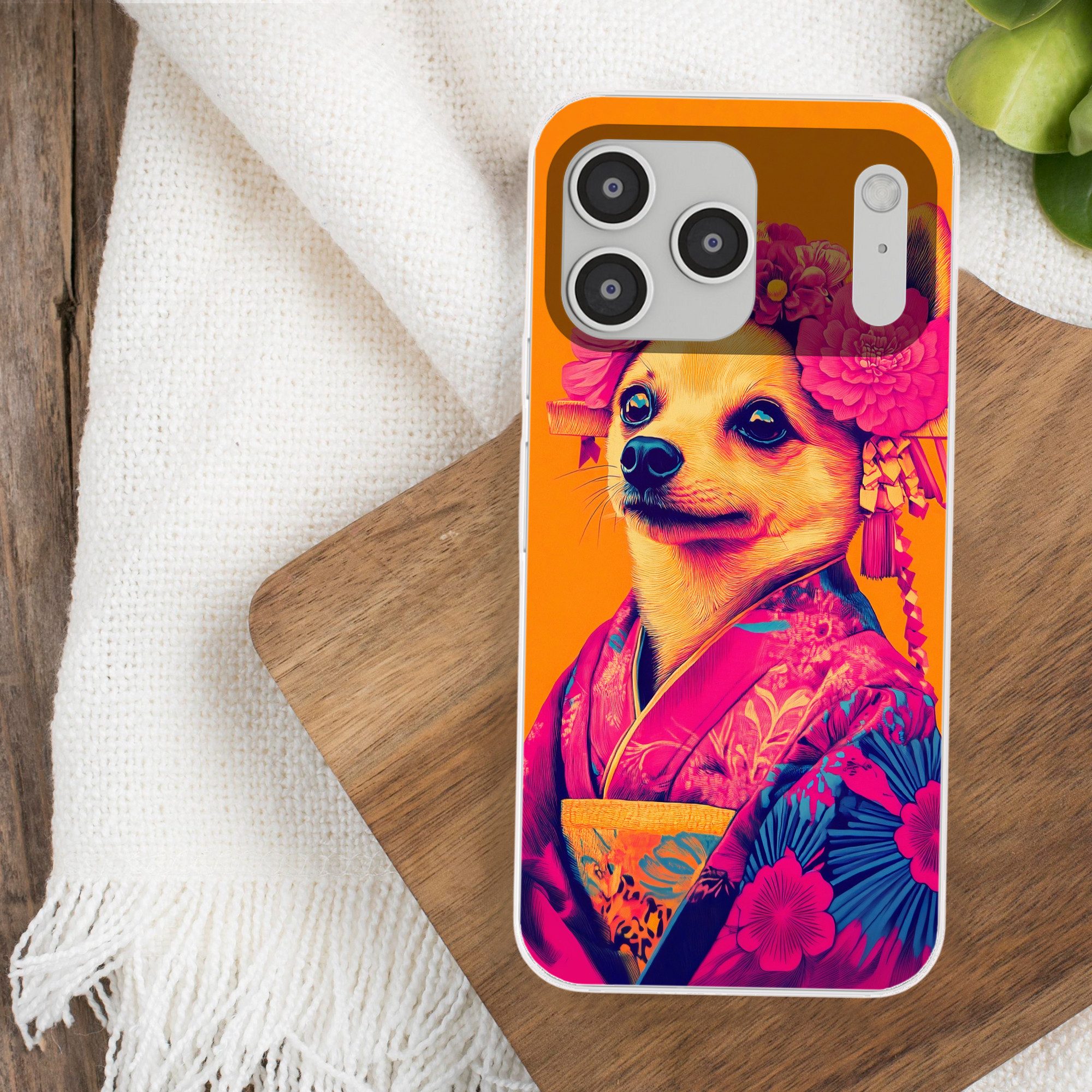 MuchoWow Handyhülle für Apple iPhone 17 Pro Max Kimono - Hündchen - Blumenkrone - Orange, Smartphone-Bumper, Print, Handy Schutzhülle Dünn