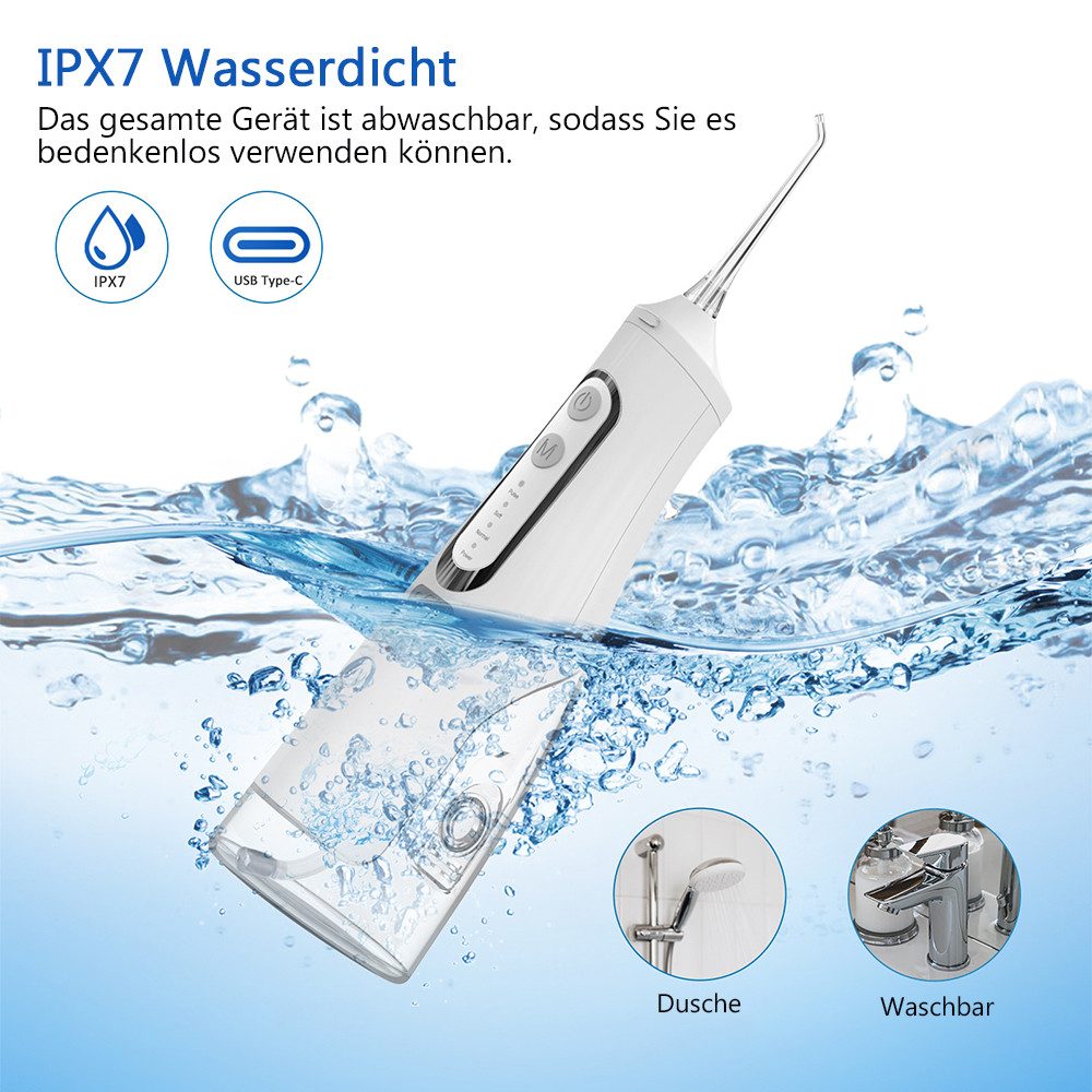 TUWENA Munddusche Leistungsstarke Munddusche Elektrischer Zahnreiniger 4 Modi & 4 Düsen, Wasser Flosser IPX7 Wasserdicht 310ML Abnehmbarer Wassertank – Bild 5 von 5