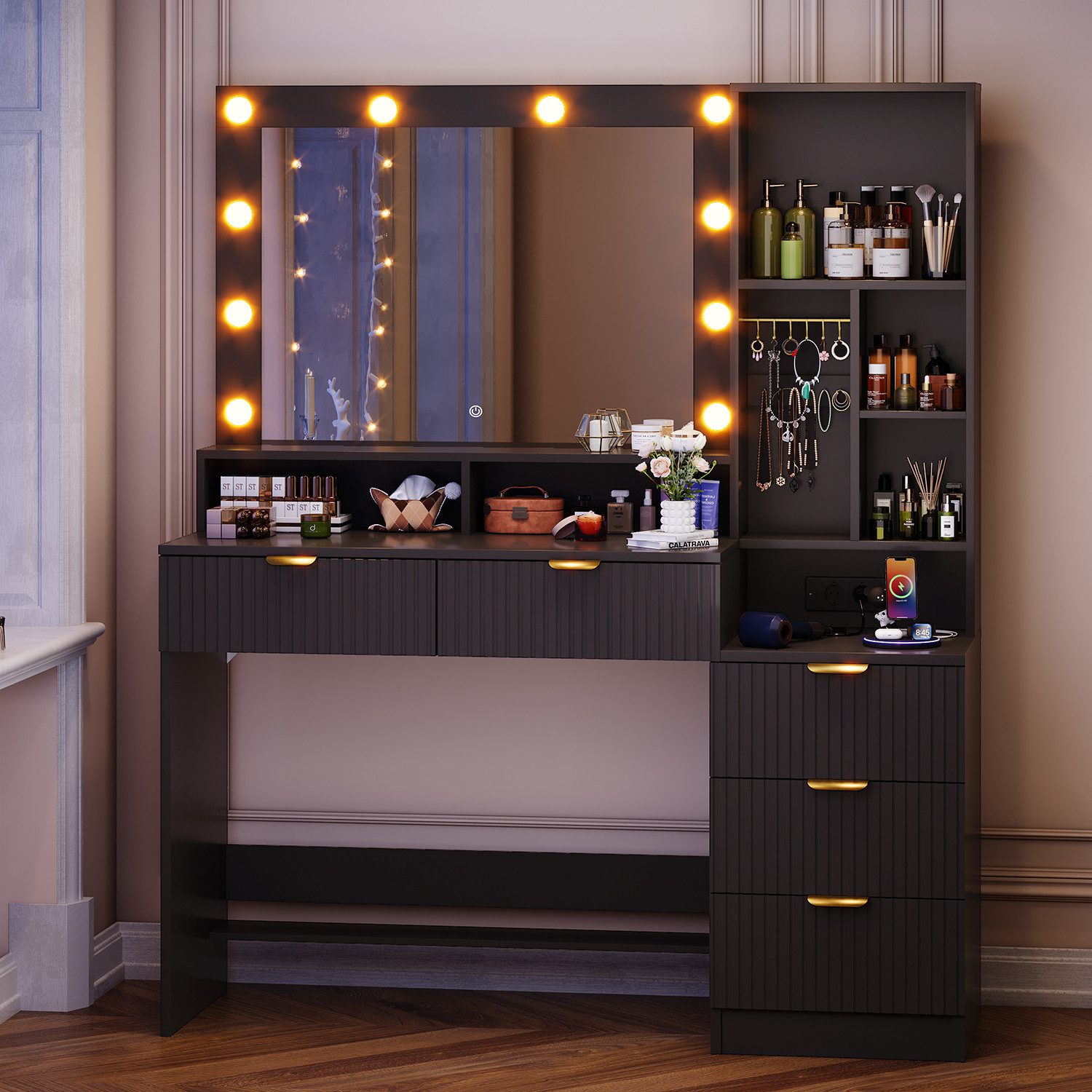 HOMALL Schminktisch Vertikale Streifen mit 5 Schubladen und 7 offenen Fäche günstig online kaufen