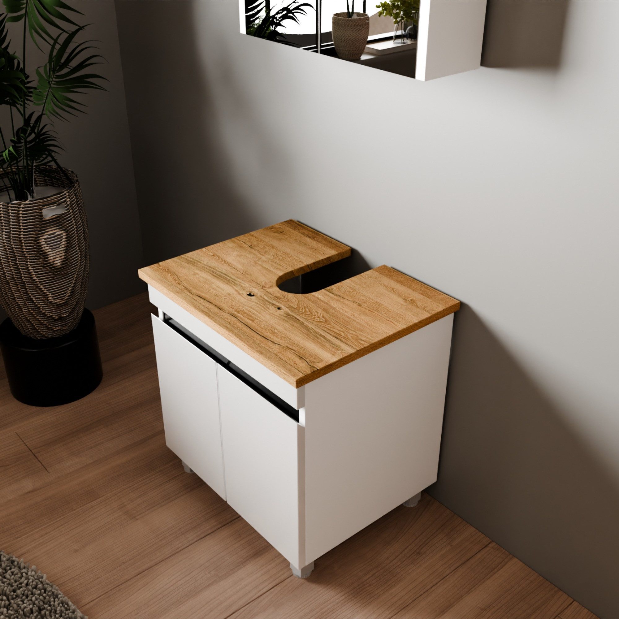 Karen Badmöbel-Set Stehendes Badmöbel Set Venus, (Badmöbel-Set, 2-Teilig (Unterschrank, Spiegelschrank), 2-St., Unterschrank mit Schubladen, Spiegel mit Regalen), Futuristisches Design, MDF Lam, Softclose, Highgloss