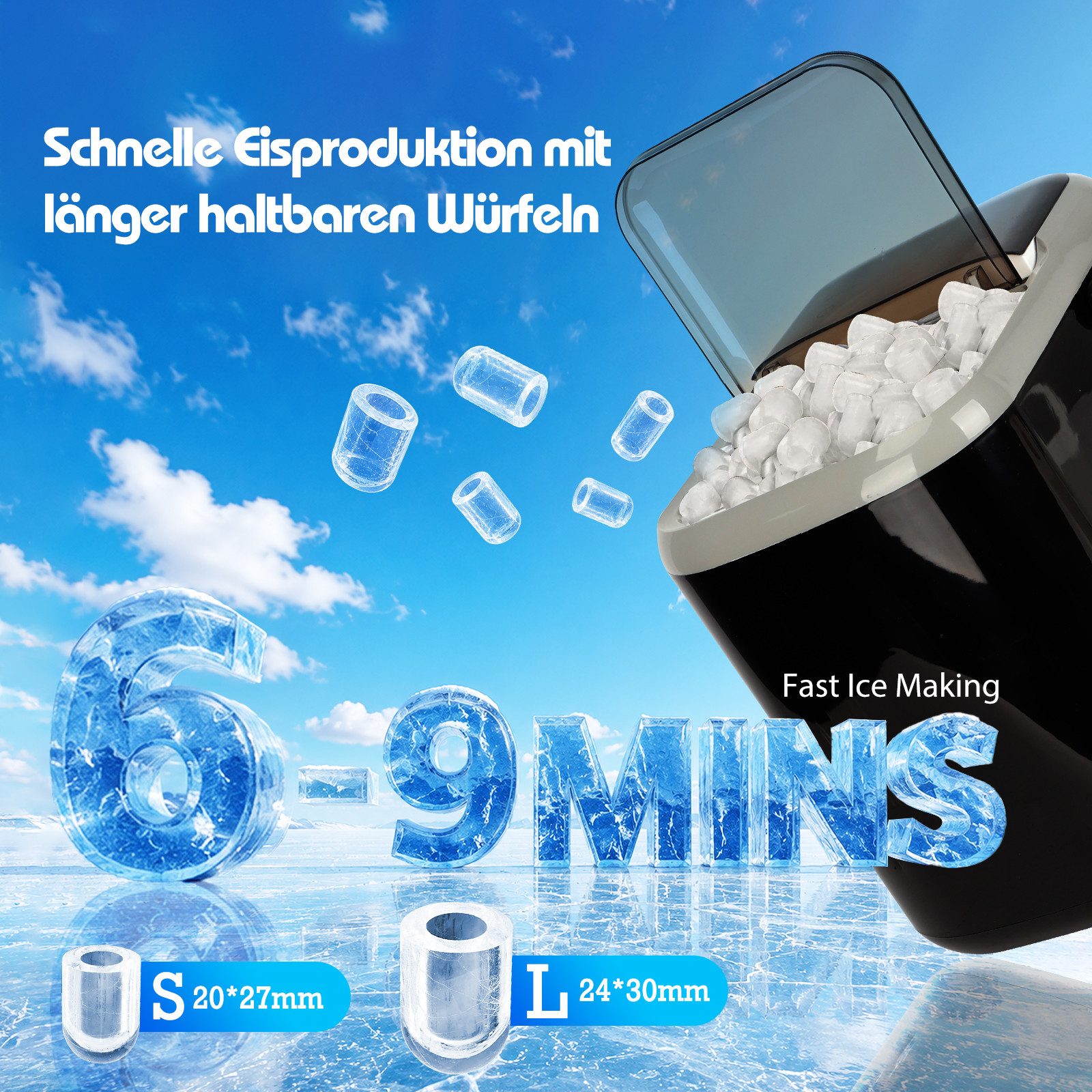 Aigostar Eiswürfelmaschine 1,5L, 130W Doppeldeckel-Design Eiswürfel Maschine, Selbstreinigend, 9 Eiswürfel in 6-10 Mins, 14kg/24h, 2 Eiswürfel Größen