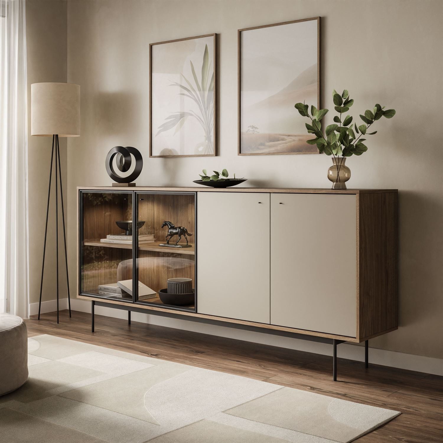 ALLHOUSE24 Kommode LIVARO mit LED-Beleuchtung Sideborad Clay / Columella, Glasfront (1x Kommode), Breite 200 cm