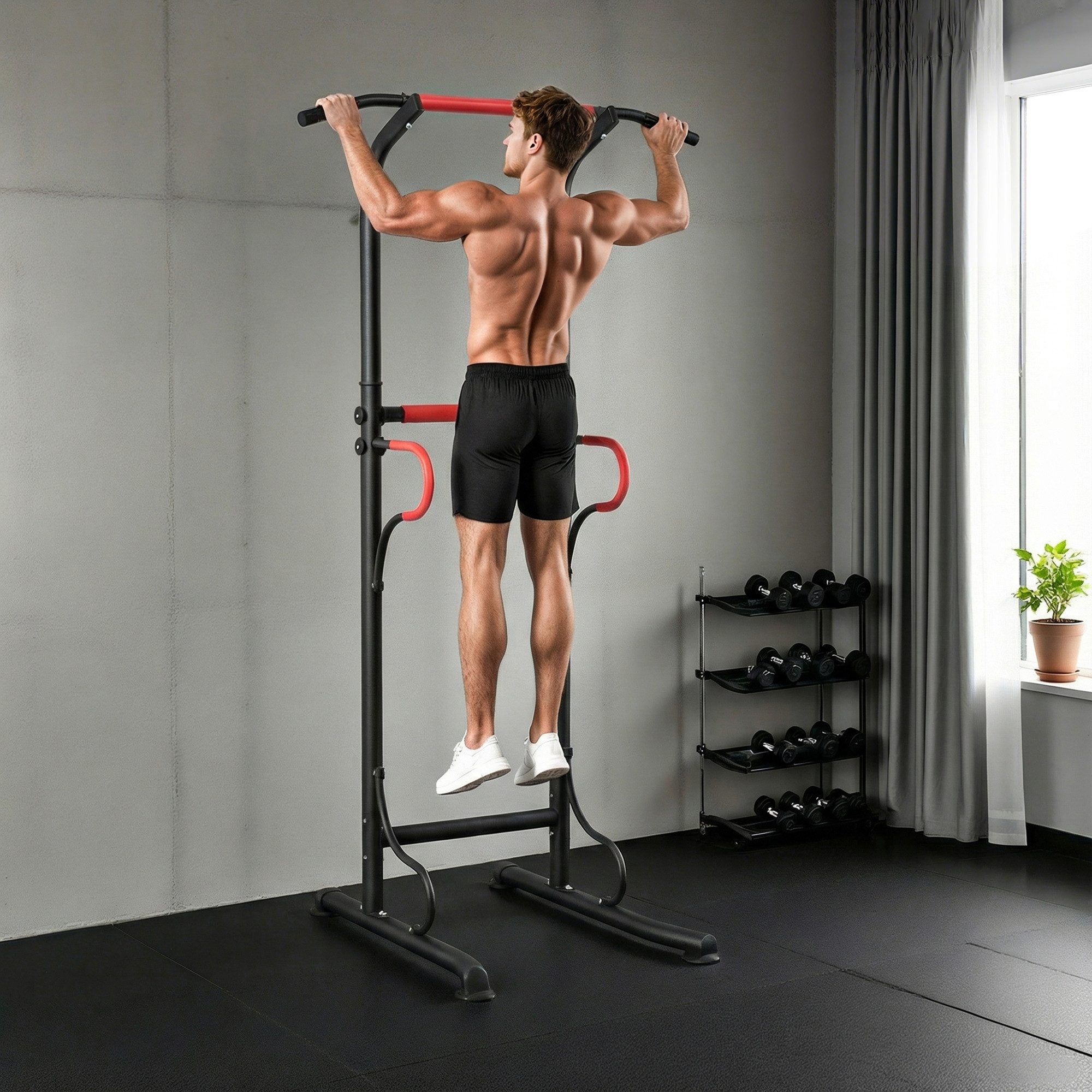 HOMCOM Kraftstation Klimmzugstange Saugnäpfe freistehend Kraftturm Fitness, 0 Gewichtsblöcke (höhenverstellbar Power Tower, 1-tlg., Multifunktional Dip Station), Trainingsgerät für Zuhause Home Gym Krafttraining