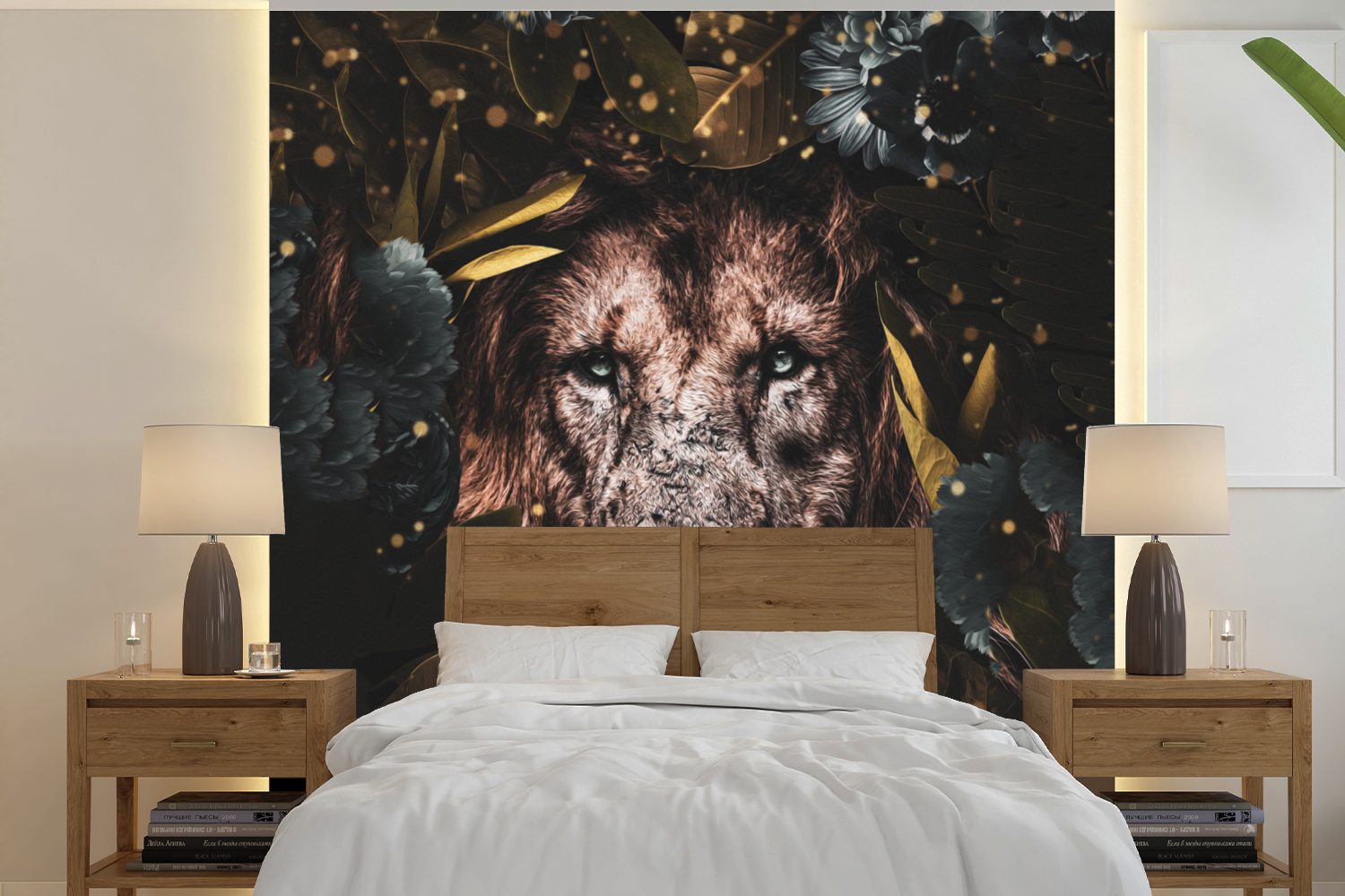 MuchoWow Fototapete Löwe - Wilde Tiere - Blumen - Licht, Matt, bedruckt, (5 St), Vinyl Tapete für Wohnzimmer oder Schlafzimmer, Wandtapete