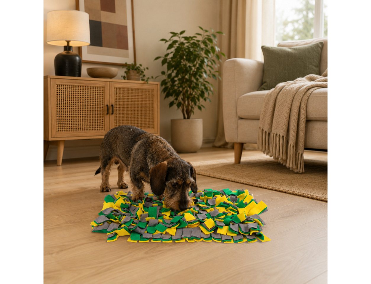 belviona Tier-Aktivitätsspiel, Intelligenzspielzeug zur Futtersuche, 50x34 cm, gelb/grün, Fleece, Schnüffelmatte, fördert Geruchssinn & Konzentration