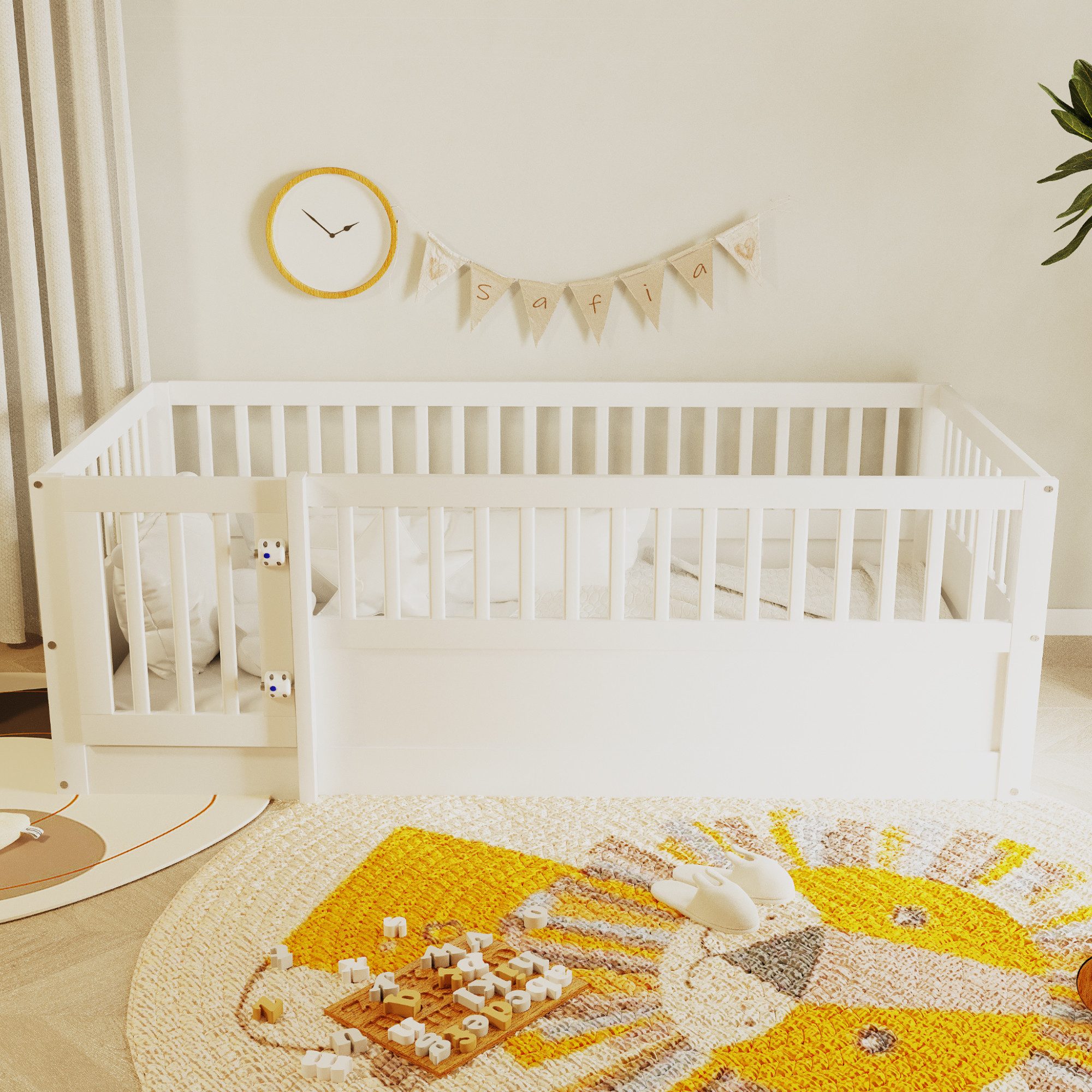 Flieks Kinderbett, Holzbett Bodenbett 90x200cm mit Zaun und Tür ohne Lattenrost