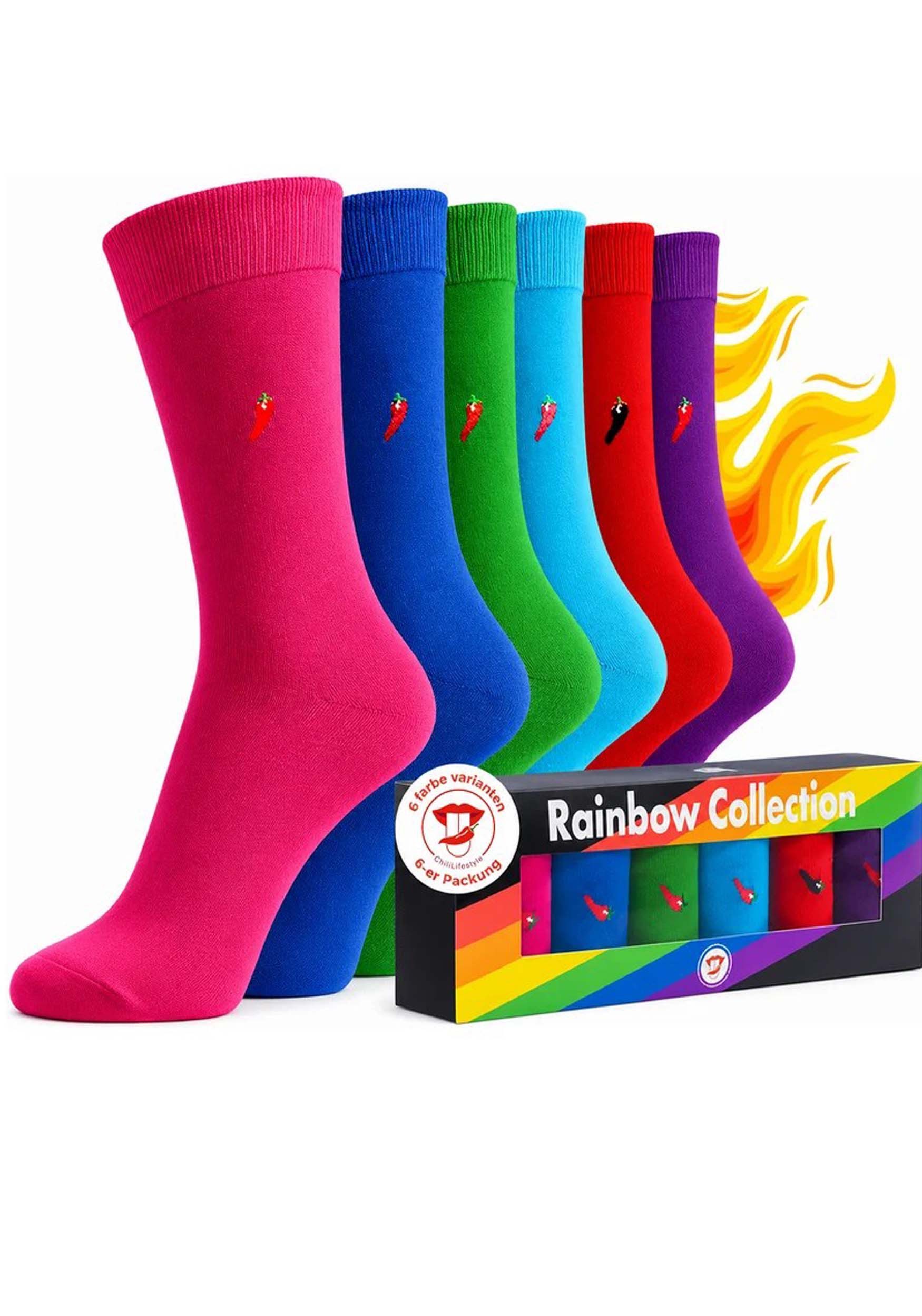 Chili Lifestyle Freizeitsocken Baumwollsocken LIMITED EDITION Unisex Lustige Bunte Socken (Multipack, 6-Paar, Rainbow 6 Farben - Baumwollsocken mit Weichbund ohne Gummidruck) Geburtstagsgeschenk für Damen und Herren in exklusiver Geschenkbox