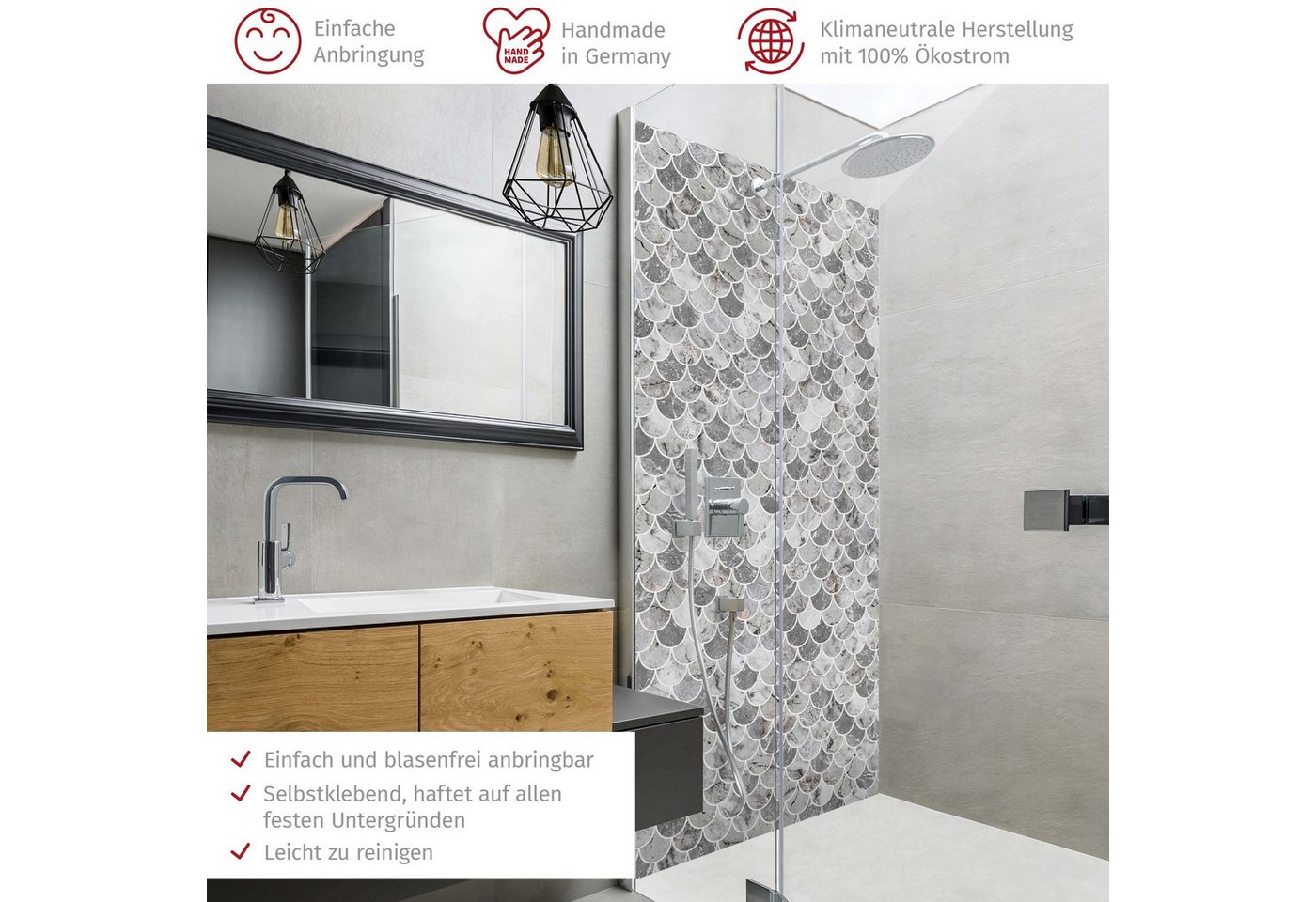 Thumbnail - Bilderdepot24 Badrückwand Fliesenoptik grau Duschrückwand ohne Bohren Dusche, (1-tlg., Hart-Folie Premium matt 0,61 mm),...