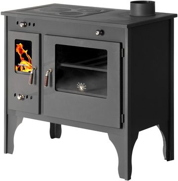 Prometey Kaminofen mit Backfach und Herdplatte Retro Eco Schwarz Rechts Holzofen Kamin, 7,00 kW, Dauerbrand und Zeitbrand geeignet, zum Kochen & Backen ohne Strom