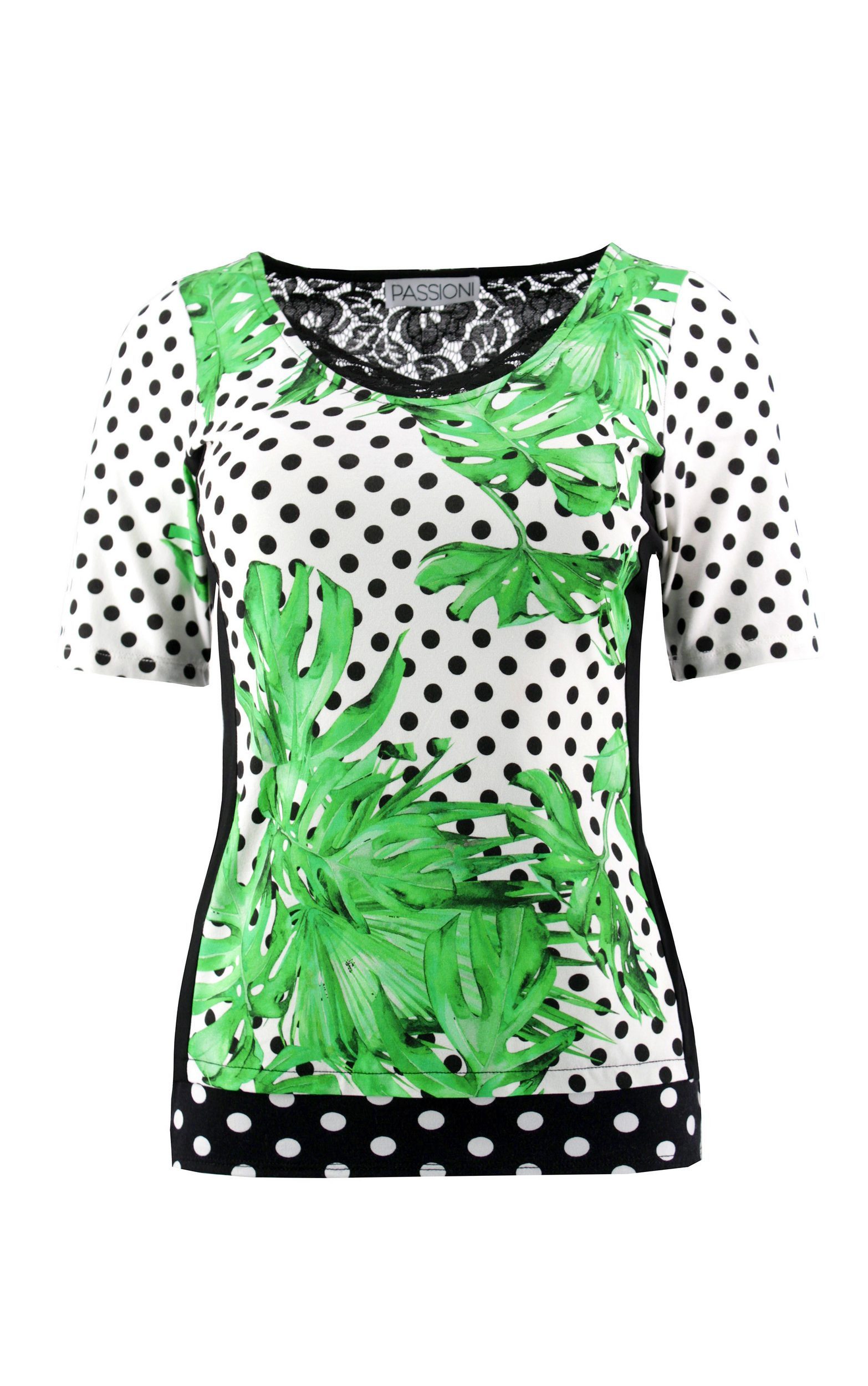 Passioni T-Shirt Kurzärmeliges T-Shirt in Weiß mit Blätter- und Punktedruck