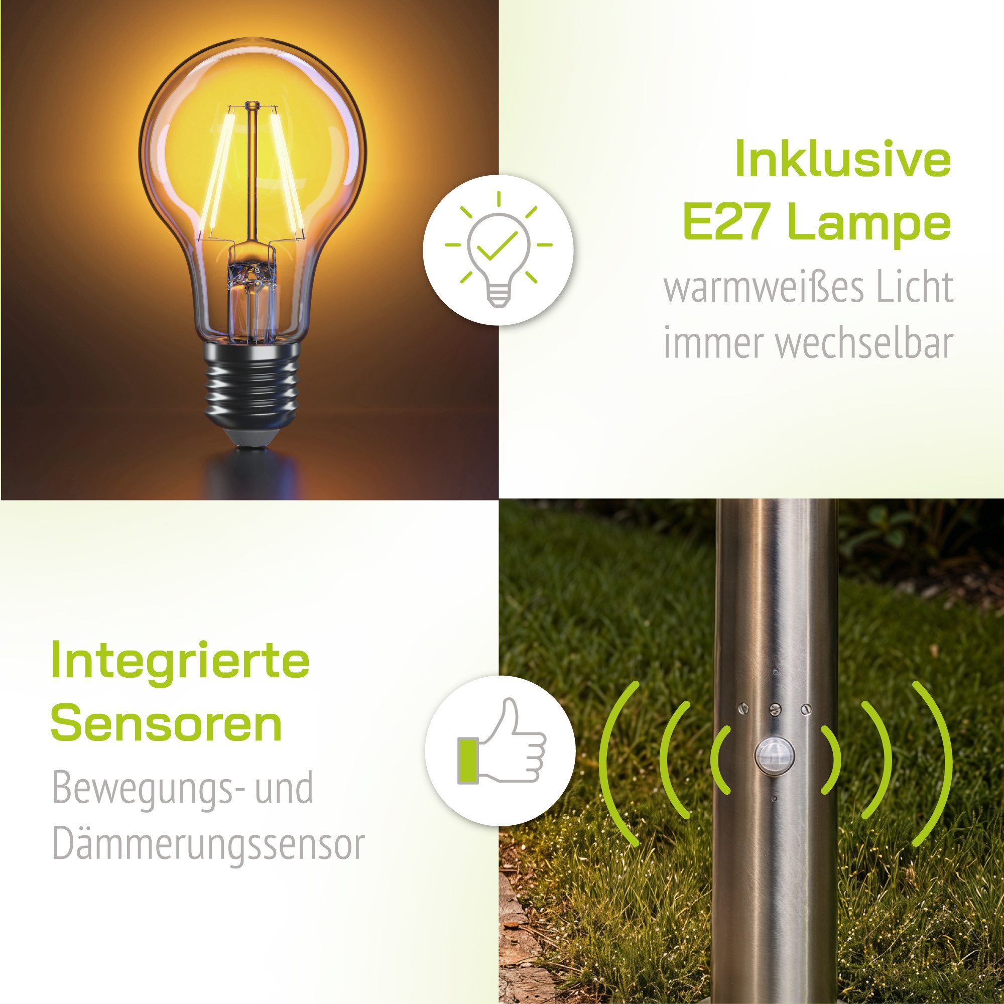 SSC-LUXon LED Pollerleuchte Wegeleuchte BOSEA-B mit Bewegungsmelder IP44 mit LED E27 warmweiß 4W, Warmweiß