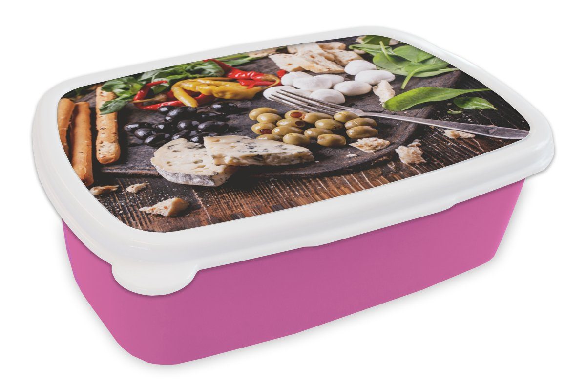 Kinder, Kunststoff, Brotdose Snackbox, (2-tlg), Lunchbox rosa MuchoWow - Kunststoff Brotbox Mädchen, Lebensmittel Käse Paprika, - Erwachsene, für