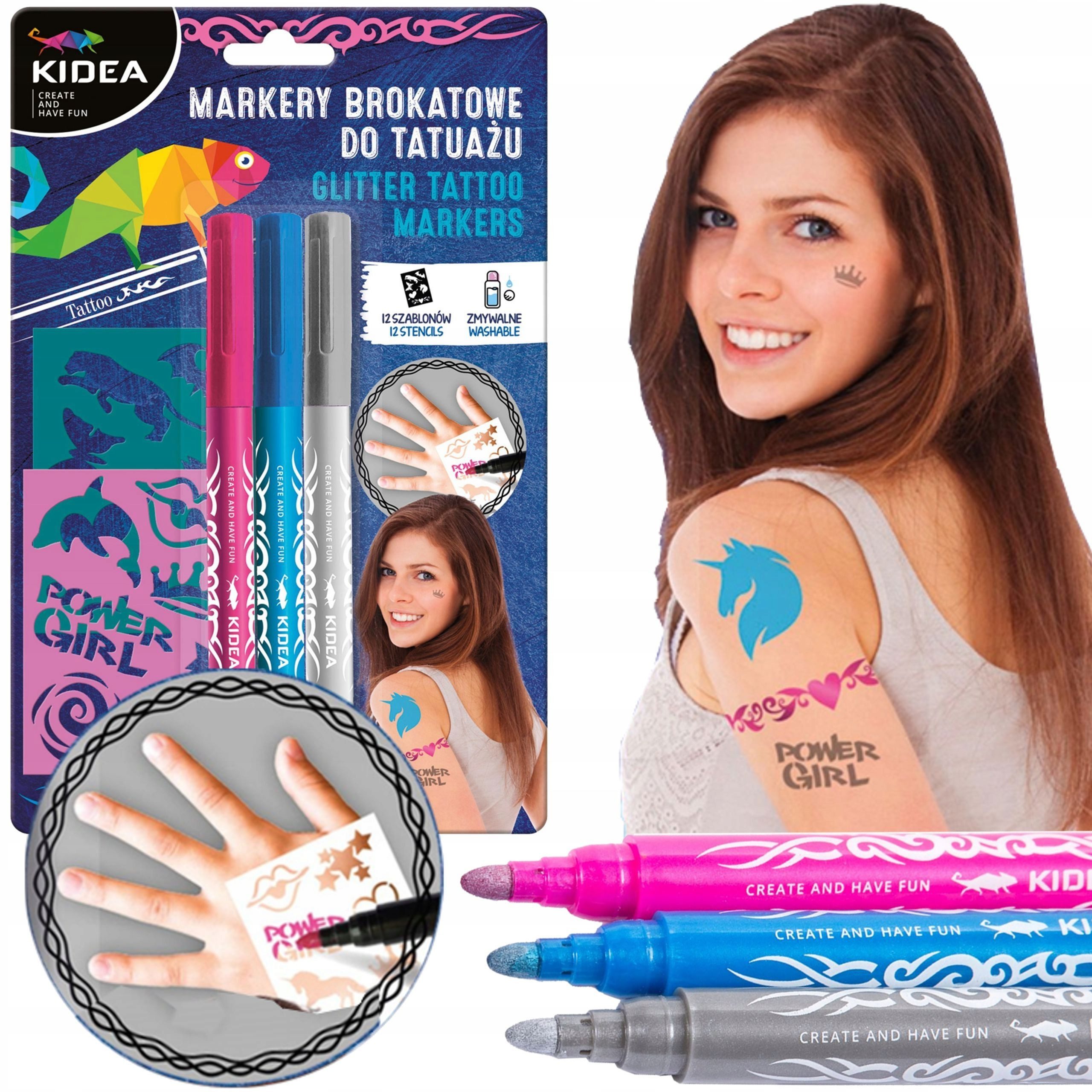 Festivalartikel Marker Glitzer-Tattoo-Marker mit Schablonen Kidea, 3 Farben
