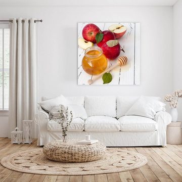 Primedeco Glasbild Wandbild Quadratisch Apfel und Honig auf Tisch mit Aufhängung, Früchte