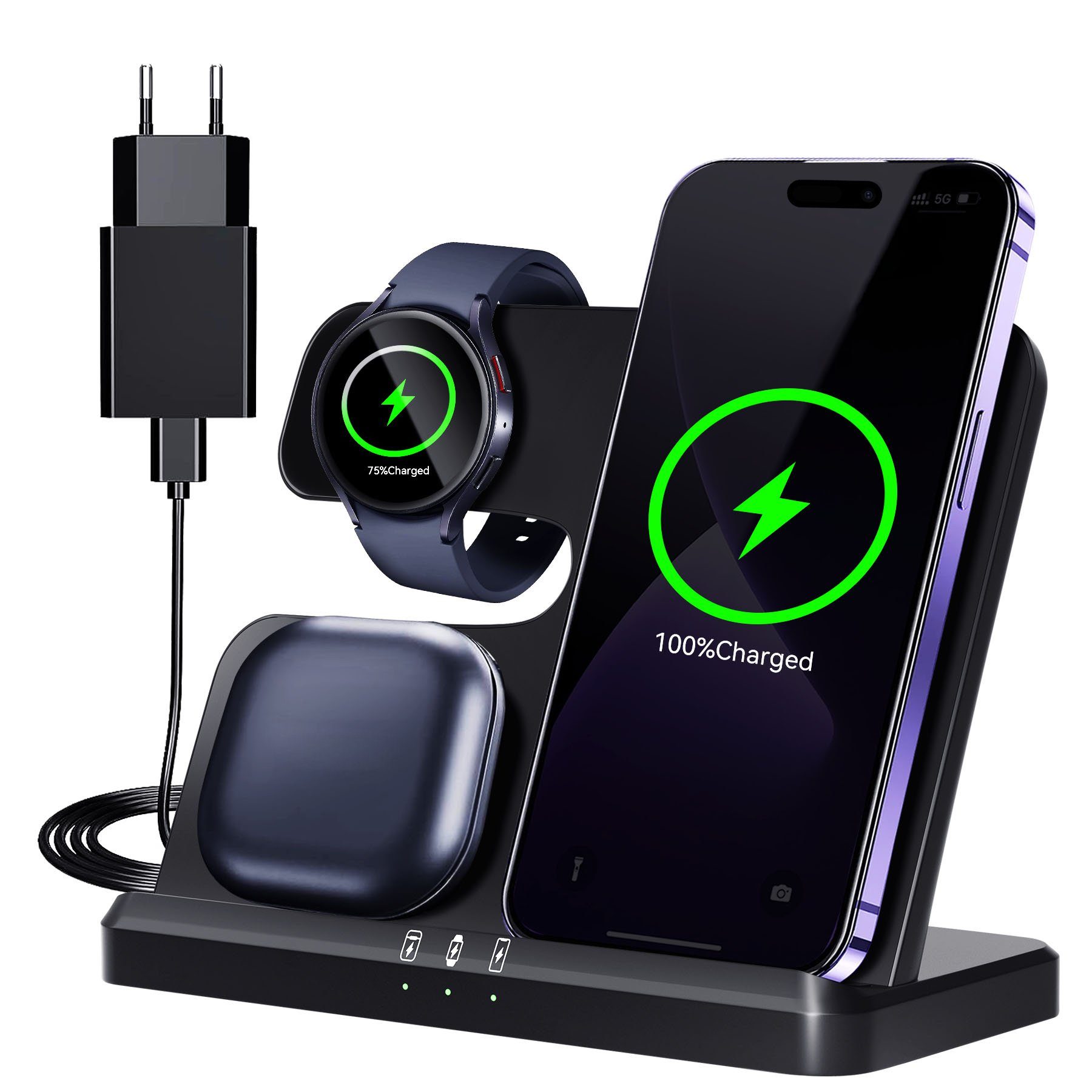 Senmudi Handy-Dockingstation Induktive Ladestation 3 in 1,15W Induktive Ladestation, (Schnelles Kabelloses Ladegerät Handy Ständer handyhalterung, Für Samsung Galaxy/Galaxy Watch/Xiaomi/Note/Galaxy Buds/AirPods),iPhone - Ultra Handy-Ladestation,für alle Qi-fähigen Geräte