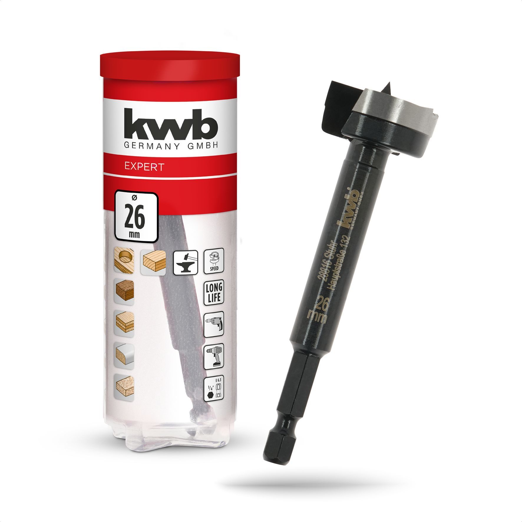 kwb Bohrer- und Bit-Set, Forstnerbohrer 1/4" E 6.3 Schaft, Ø26mm (4-seitig geschliffene Zentrie