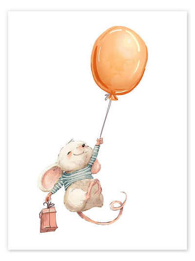 Posterlounge Poster Eve Farb, Mäuschen mit Ballon, Babyzimmer Illustration