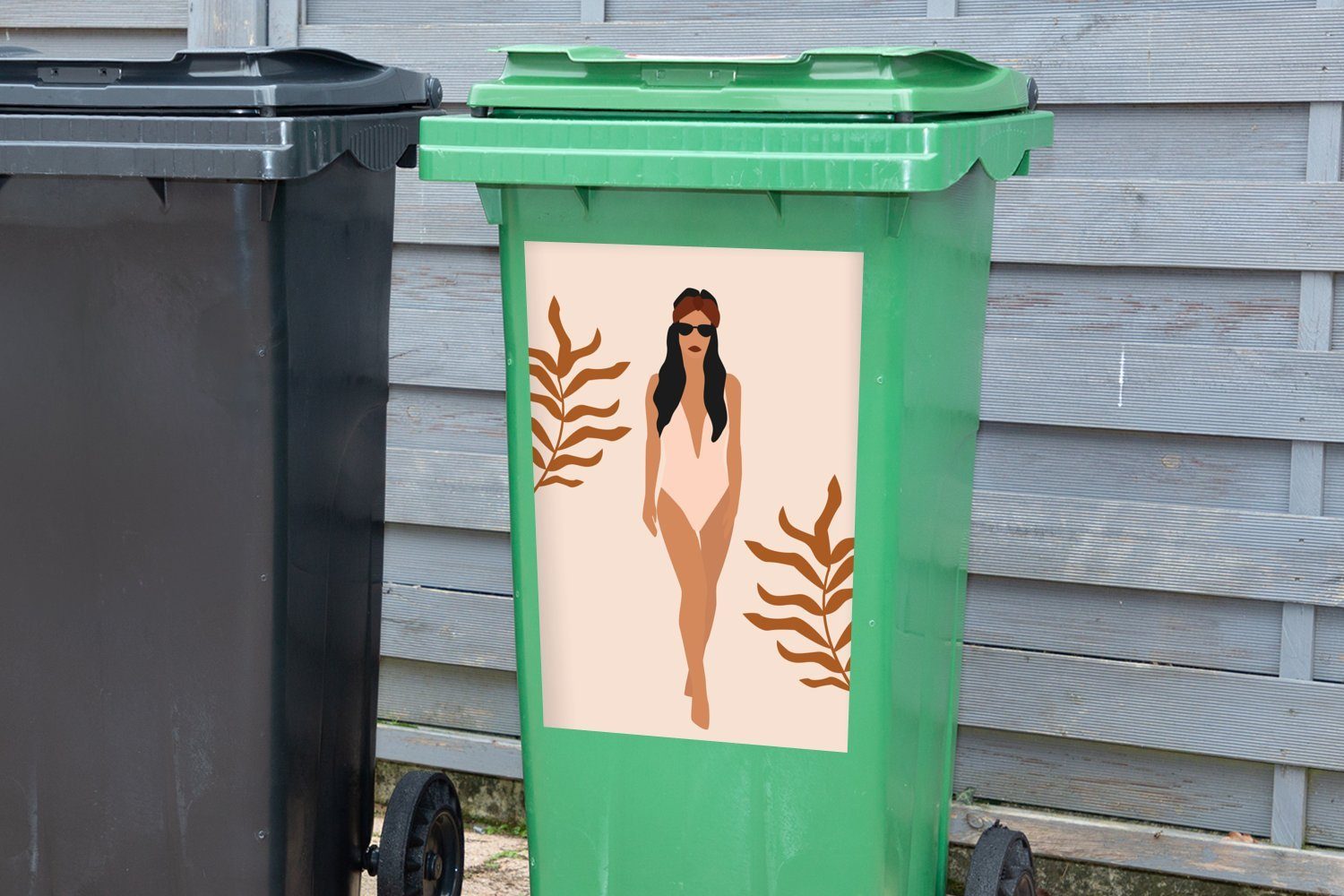 Container, Mülltonne, - Sticker, (1 St), Abfalbehälter Frau Sommer - MuchoWow Mülleimer-aufkleber, Laub Wandsticker