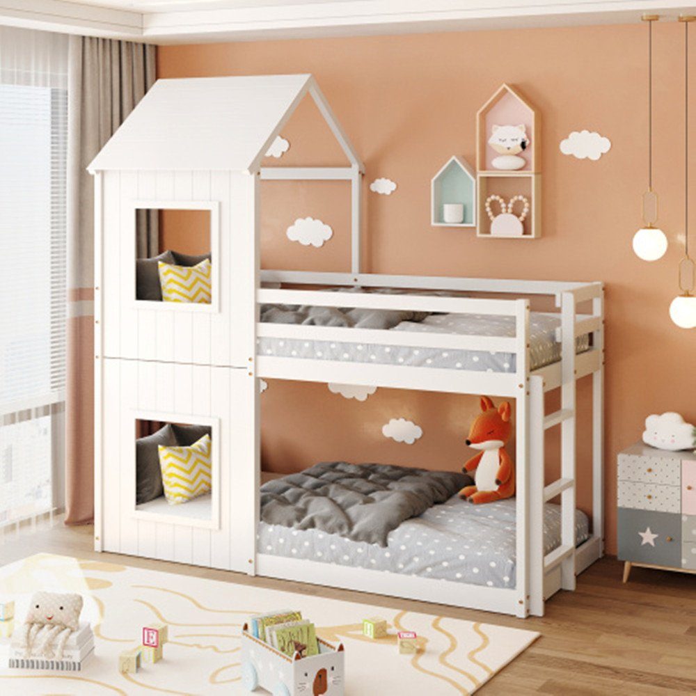 für mit Baldachin, & XDeer Etagenbett Etagenbett,Kinderbett,Hausbett Holzbett Mädchen Jungen, Treppe und 90*200cm Leiter mit bodentief,