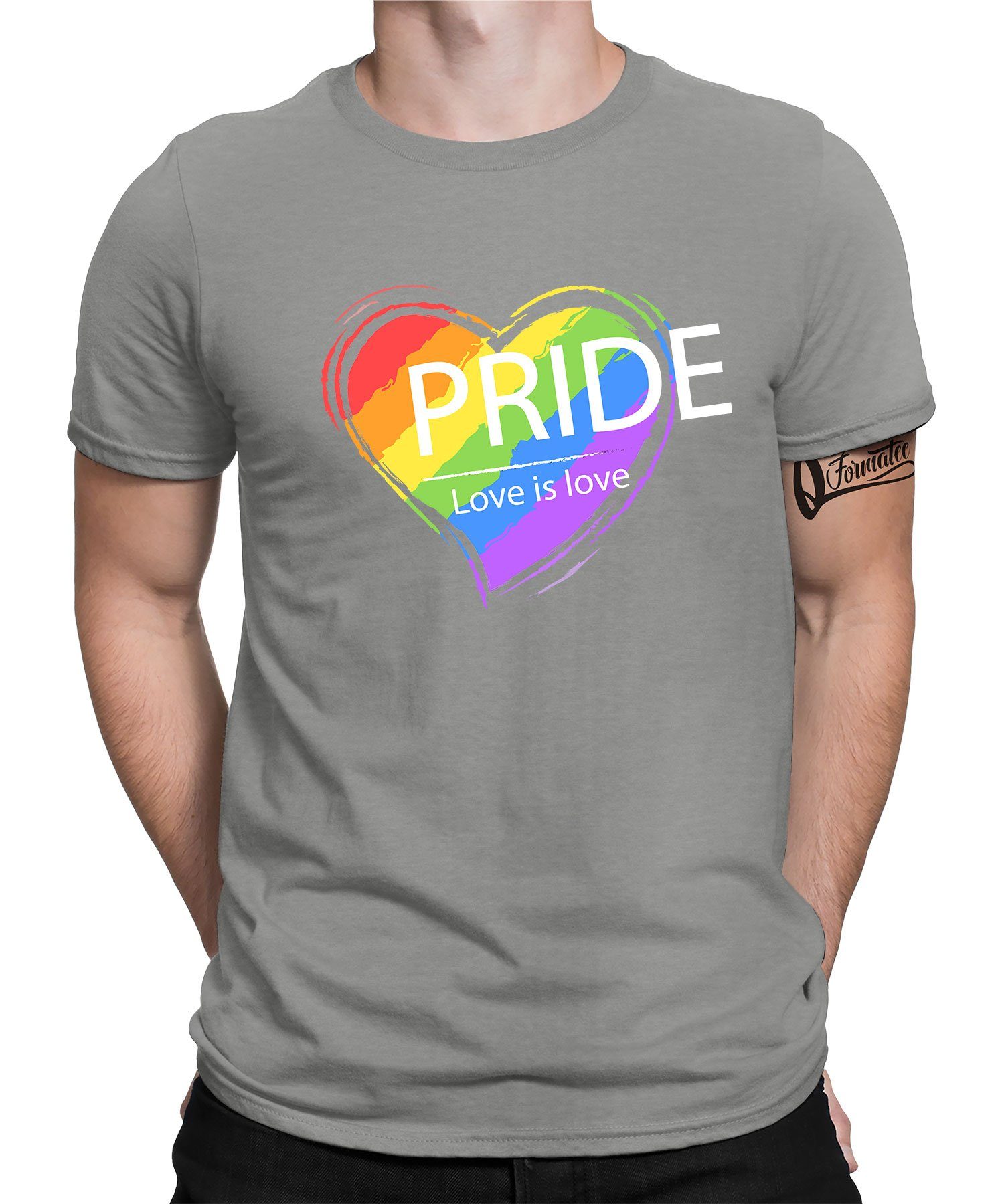 Quattro Formatee Kurzarmshirt Pride Love - Stolz Regenbogen LGBT Gay Pride Herren T-Shirt (1-tlg) Heather Grau