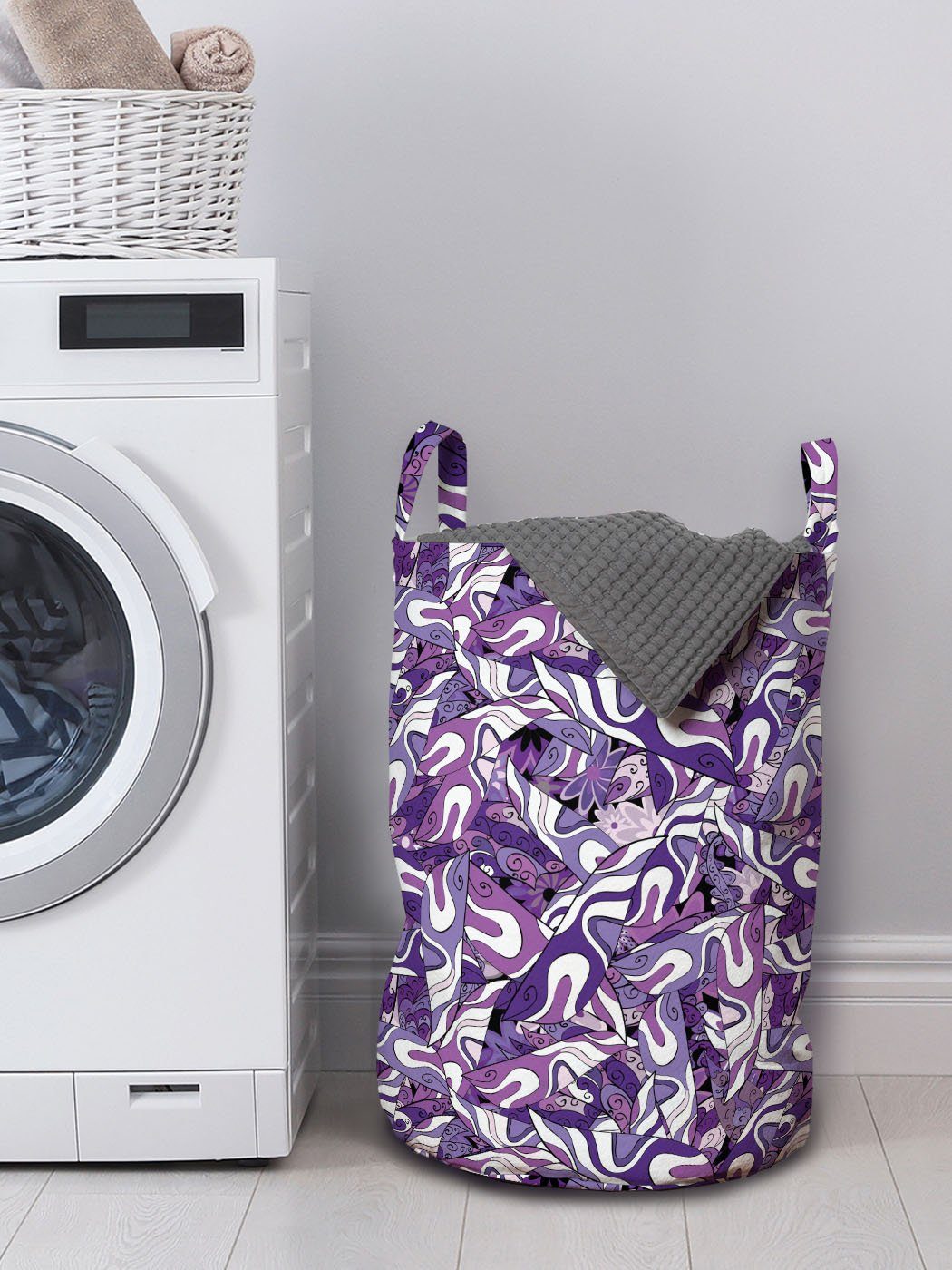Lilac mit Waschsalons, Abakuhaus Wäschekorb für Strokes Griffen Kordelzugverschluss Dunkelviolett Wäschesäckchen Motive