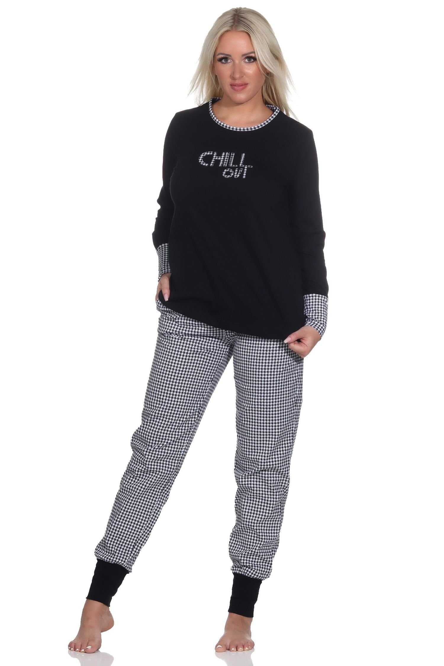 Normann Pyjama Damen Schlafanzug langarm mit Bündchen, Hose im Pepita-Look schwarz