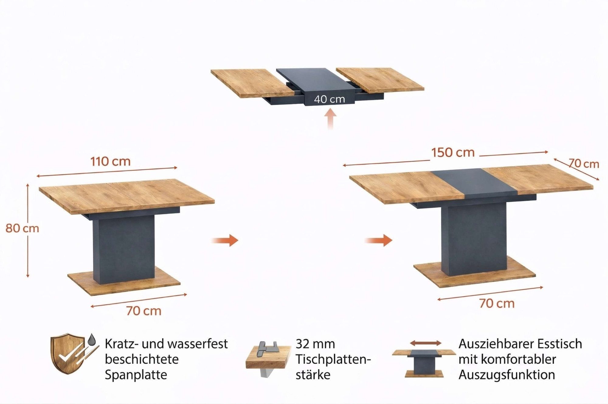 OTTO home Esstisch Boston, Säulentisch, Speisetisch, Küchentisch, ausziehbar bis 150 cm, Platz für bis zu 6 Personen, verlängerbar durch Einlegeplatte