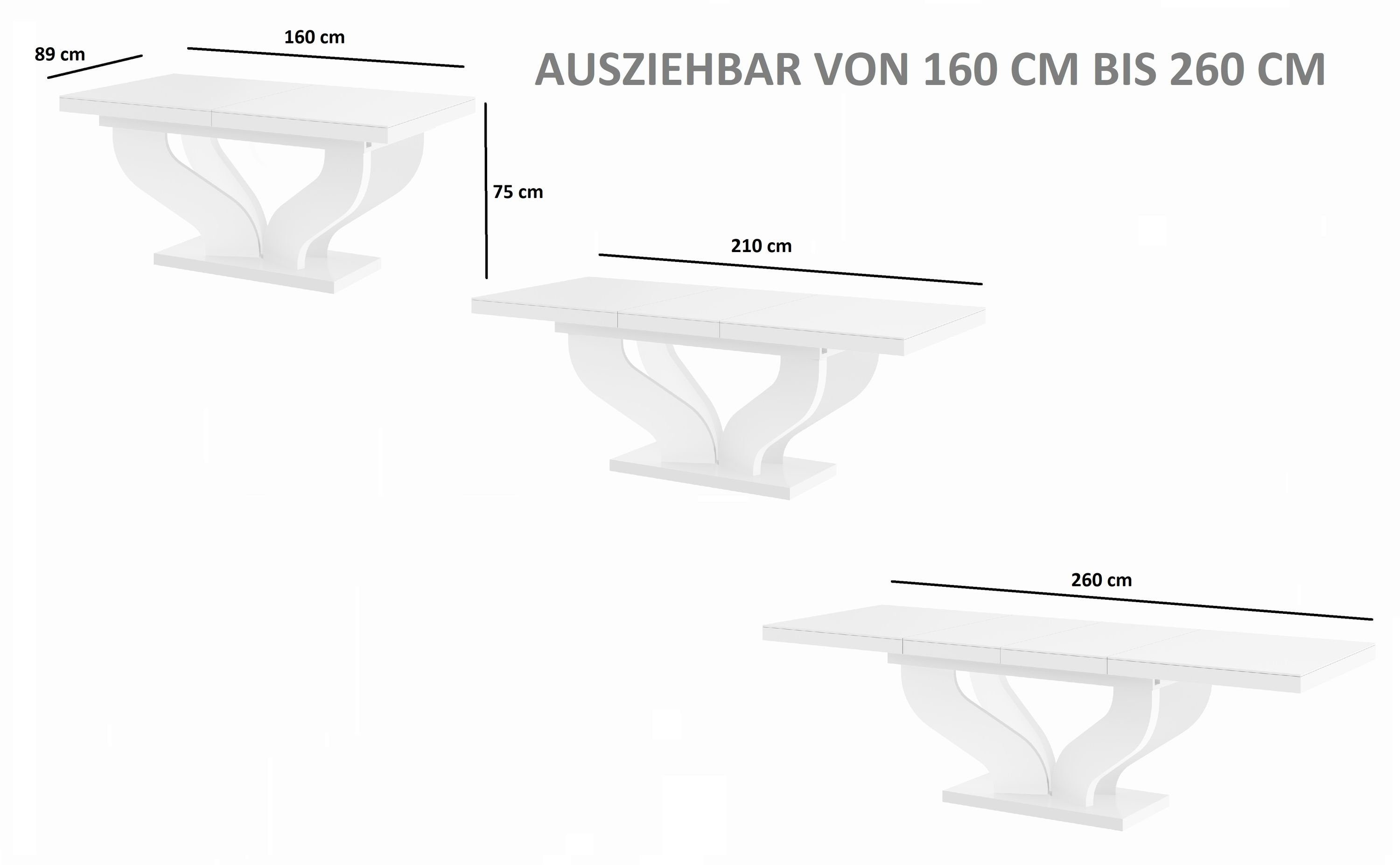 Weiß Design ausziehbar HEB-222 cm bis Tisch Hochglanz designimpex Esstisch 256 160 Esstisch
