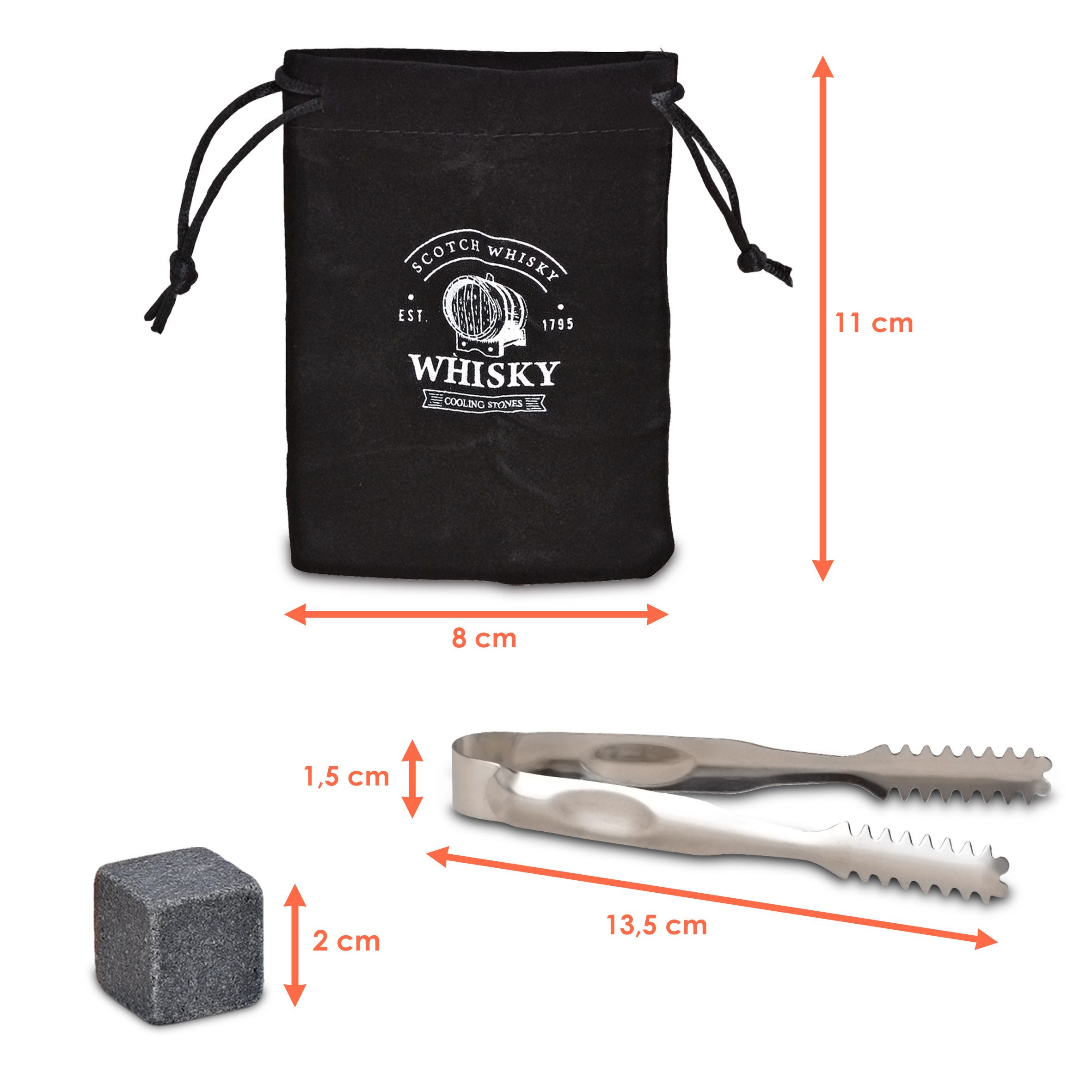 Woma Eiswürfel-Steine Basalt Whisky Steine Geschenk Set in edler Holzbox - 8-teilig, Wiederverwendbare Kühlwürfel mit Glas, Untersetzer und Zange