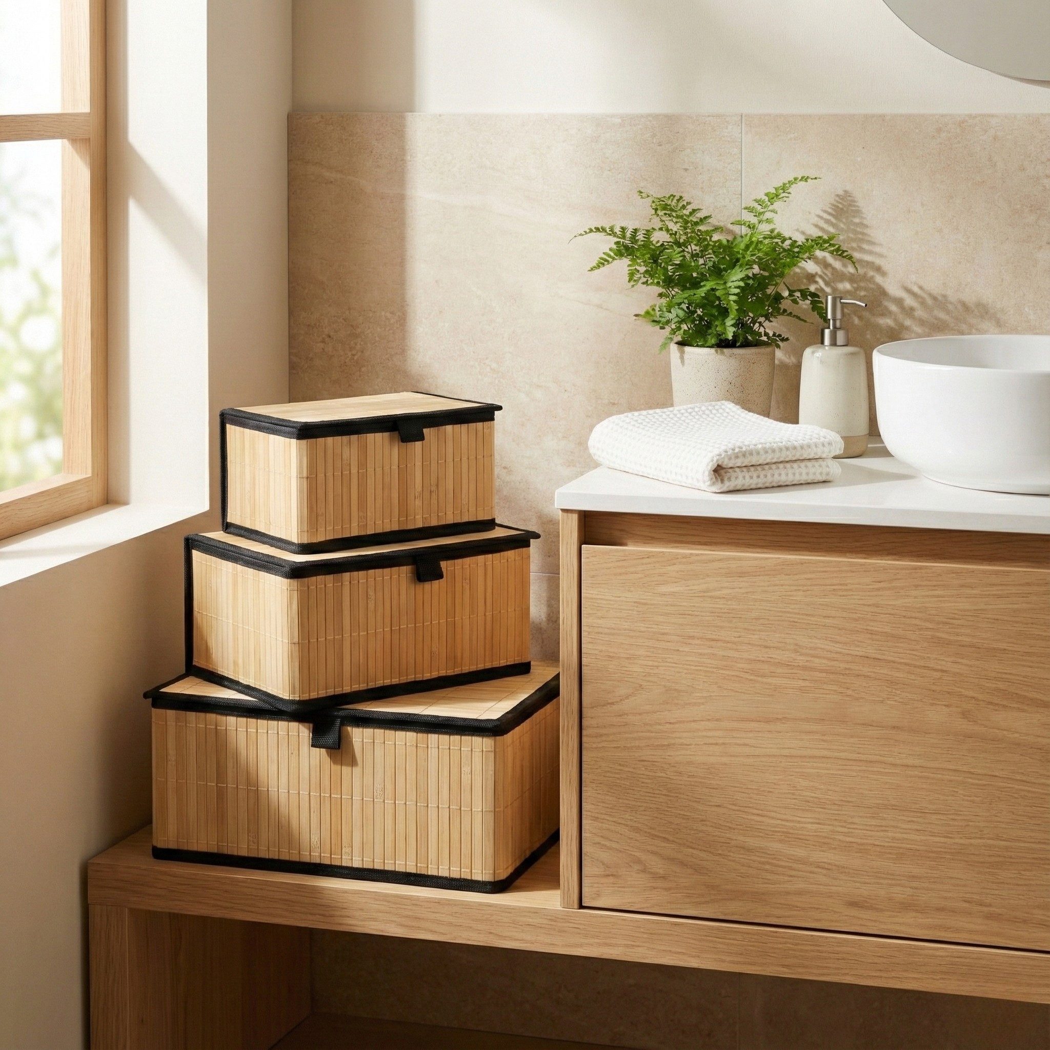 BOXIMO Aufbewahrungsbox Verschließbare Körbe in drei Größen TILVA, 3er-Set (Set, 3-teiliges Set (3 Boxen mit Deckel), Bambusmaterial, faltbar, rechteckig, mit Deckel, für Haushalt