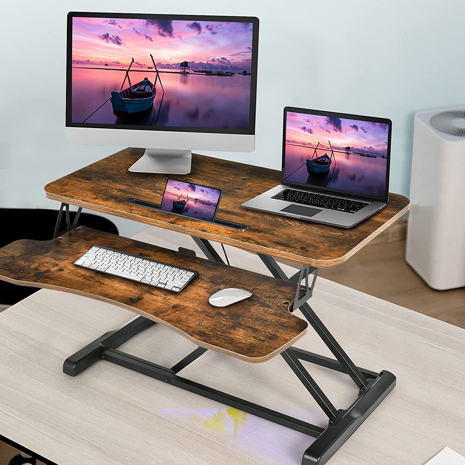 KOMFOTTEU Computertisch Sit-Stand Workstation, Höhenverstellbarer 15 Braun Schreibtischaufsatz, bis belastbar kg
