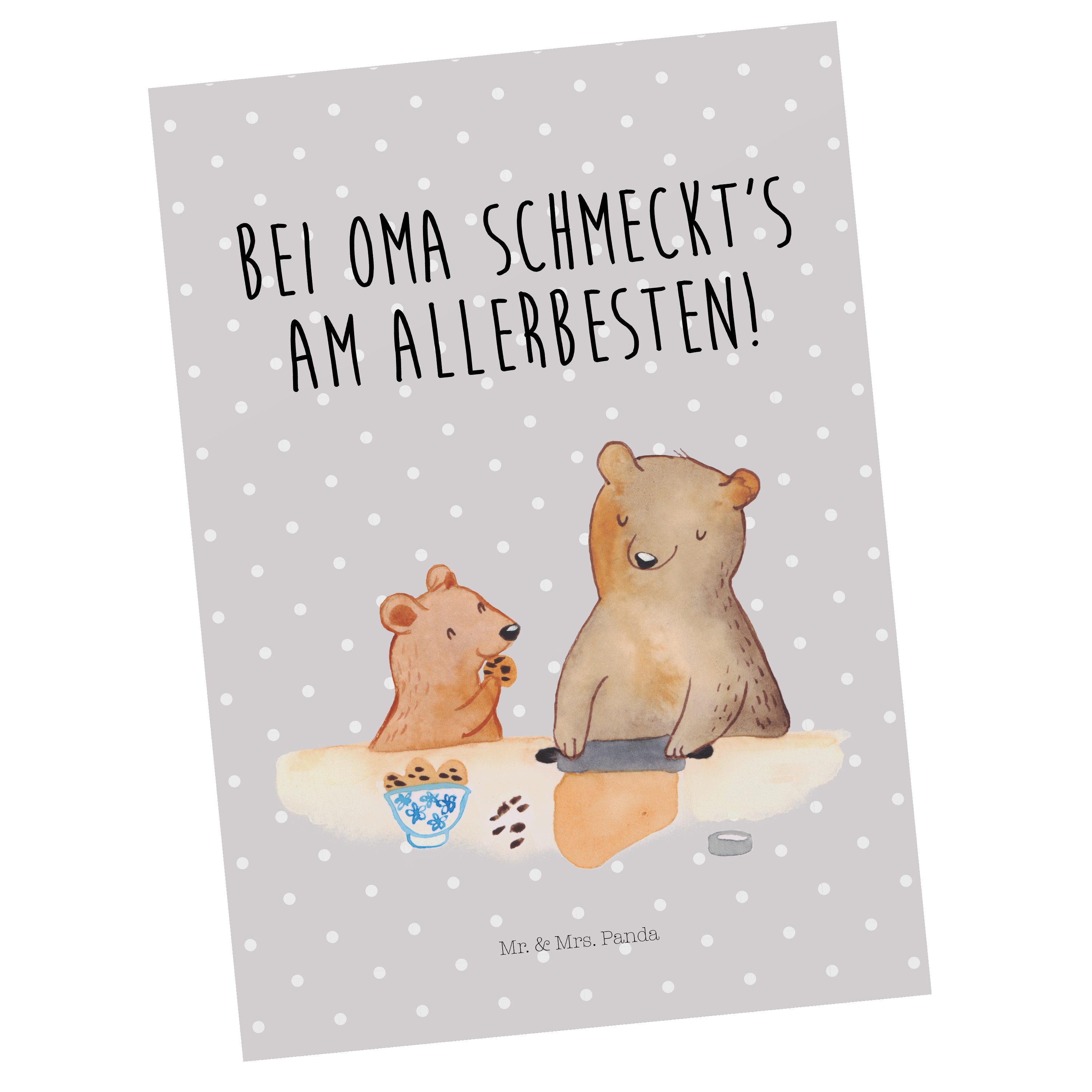 Mr. & Mrs. Panda Postkarte Oma Bär backen - Grau Pastell - Geschenk, Omi, Karte, Kekse, beste Kö