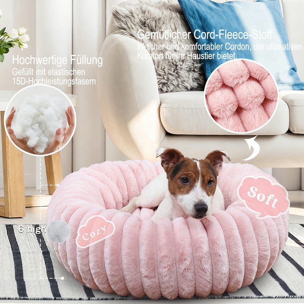 Ledander Tierbett Donut-Hundebett in mittlerer Größe, waschbar, flauschig,Hundekissen, aus Kunstfell mit Cord-Fleece-Futter und rutschfester Unterseite