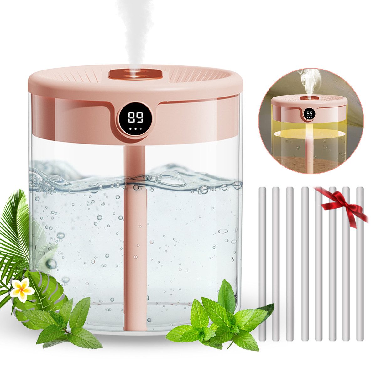 MOPUEA Luftbefeuchter Luftbefeuchter 2L Kaltnebel 26dB Doppeldüsen 14 Stunden, 673961122 l Wassertank, 26dB Schlafmodus 2L Tank Doppeldüsen Echtzeit Sensor BPA Frei
