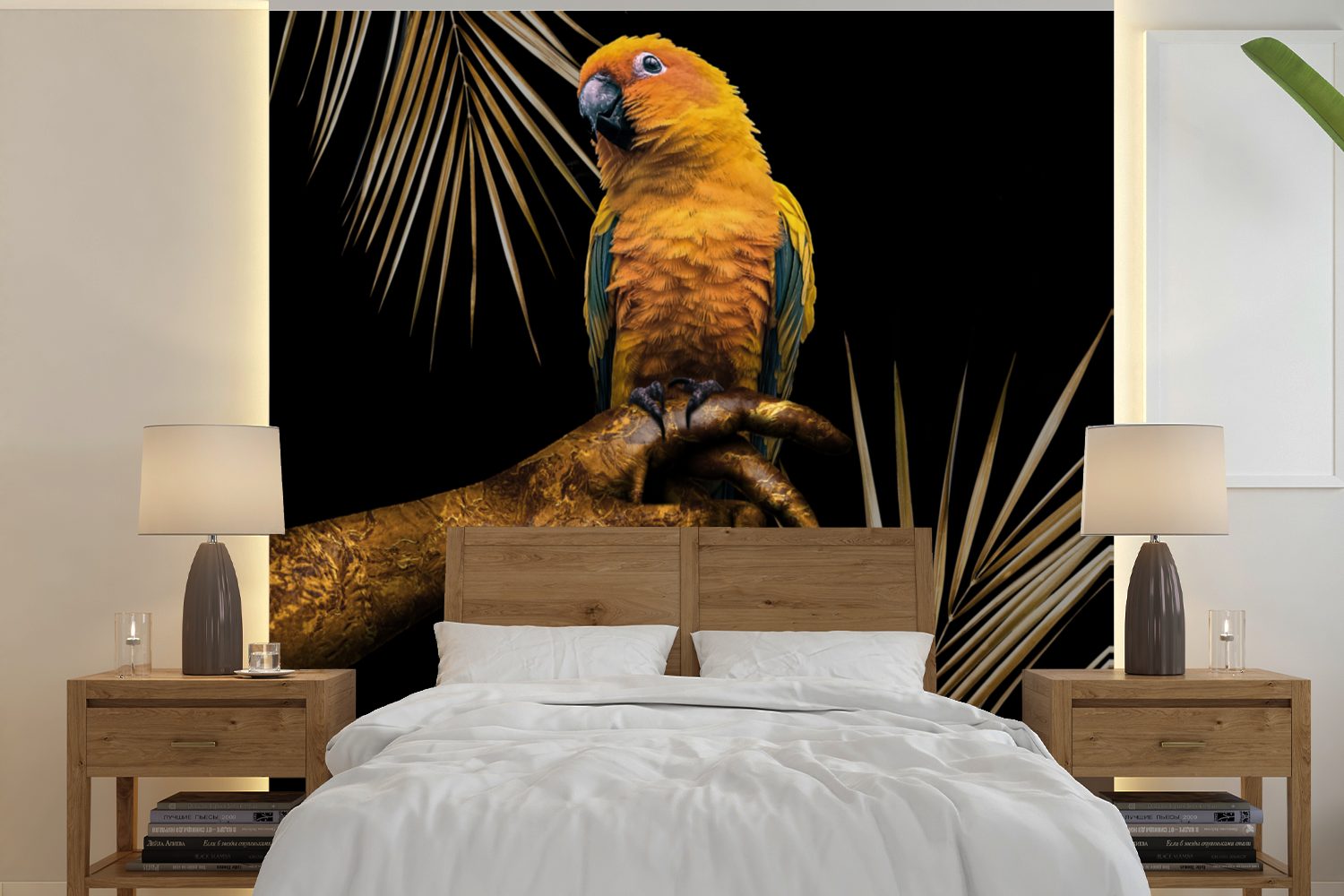 MuchoWow Fototapete Vogel - Papagei - Hand - Gold, Matt, bedruckt, (5 St), Vinyl Tapete für Wohnzimmer oder Schlafzimmer, Wandtapete