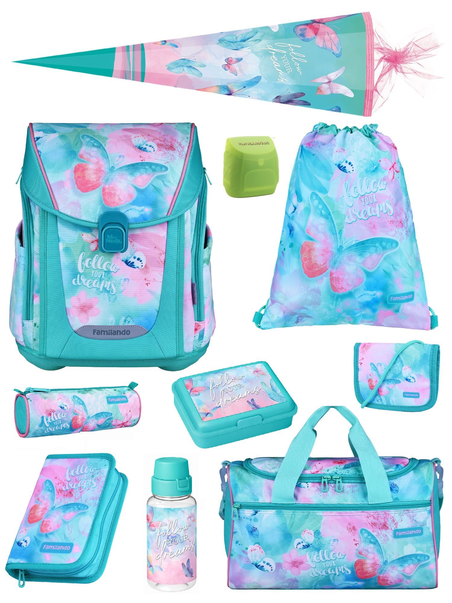 Familando Schulranzen Schmetterling Schultasche, Butterfly türkis, rosa, ab 1. Klasse (Spar-Set, 10-tlg., inkl. Lunch-Set, Sporttasche und Schultüte 85cm), mit Brustgurt, 1.000 Gramm leicht, 20L Volumen