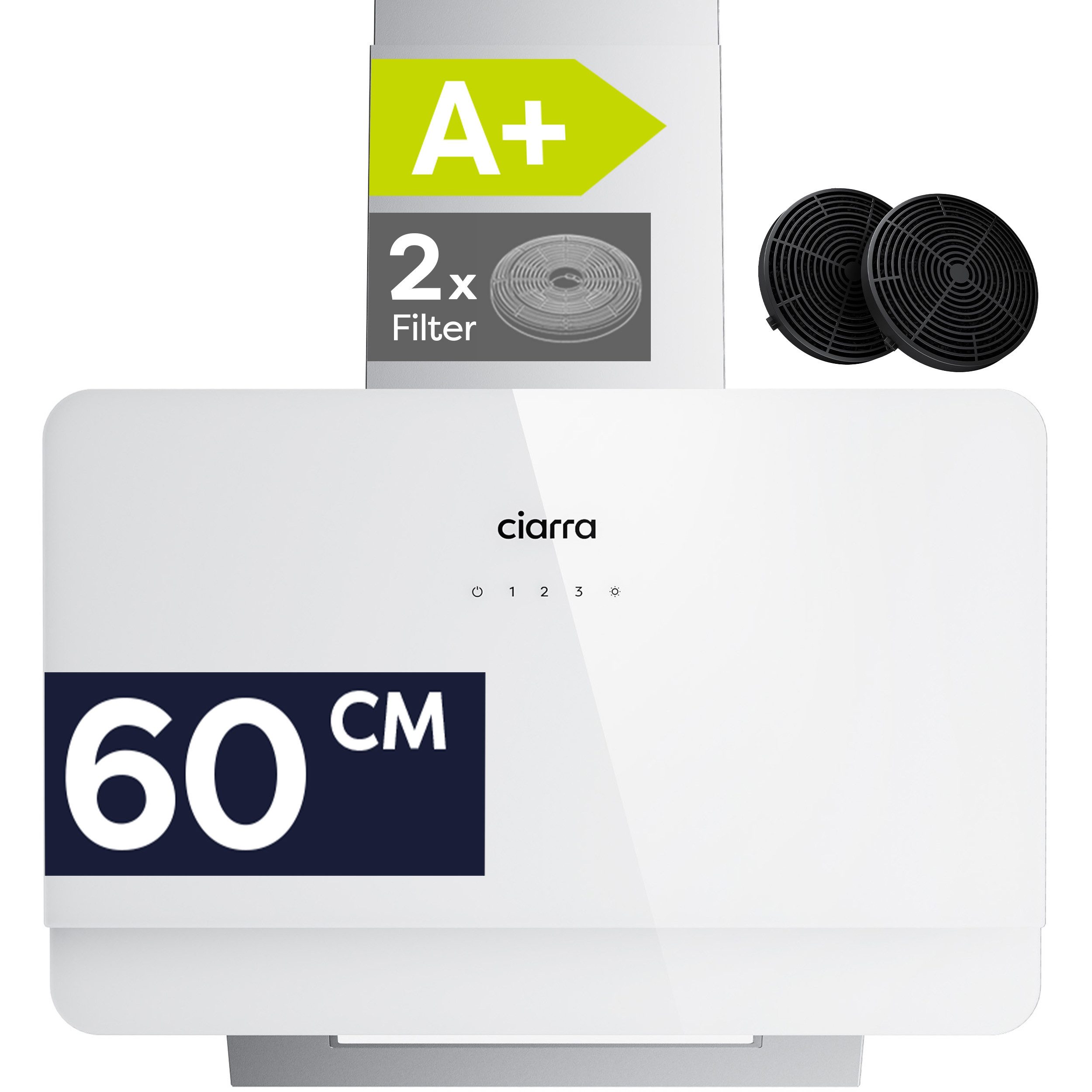 CIARRA Kopffreihaube 60 cm Dunstabzugshaube A+ 580 m³/h SensorTouch 3 Stufen VM6765CS 60 cm Dunstabzugshaube A+ 580 m³/h SensorTouch 3 Stufen VM6765CS, Leise Schräghaube aus Edelstahl Glas mit 2 Kohlefilter Umluft & Abluft
