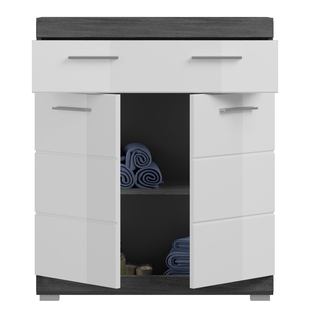 Newroom Kommode Rauchsilber 74 cm, Kommode Rauchsilber Weiß Hochglanz Modern Badschrank Standschrank Bad