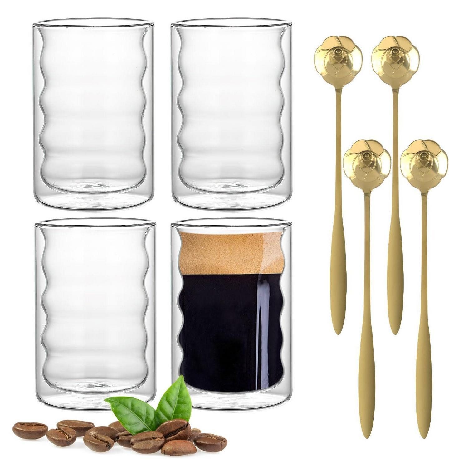 LuxusKollektion Latte-Macchiato-Glas Latte Macchiato Gläser Set 4x350ml mit Rosenlöffeln, Glas