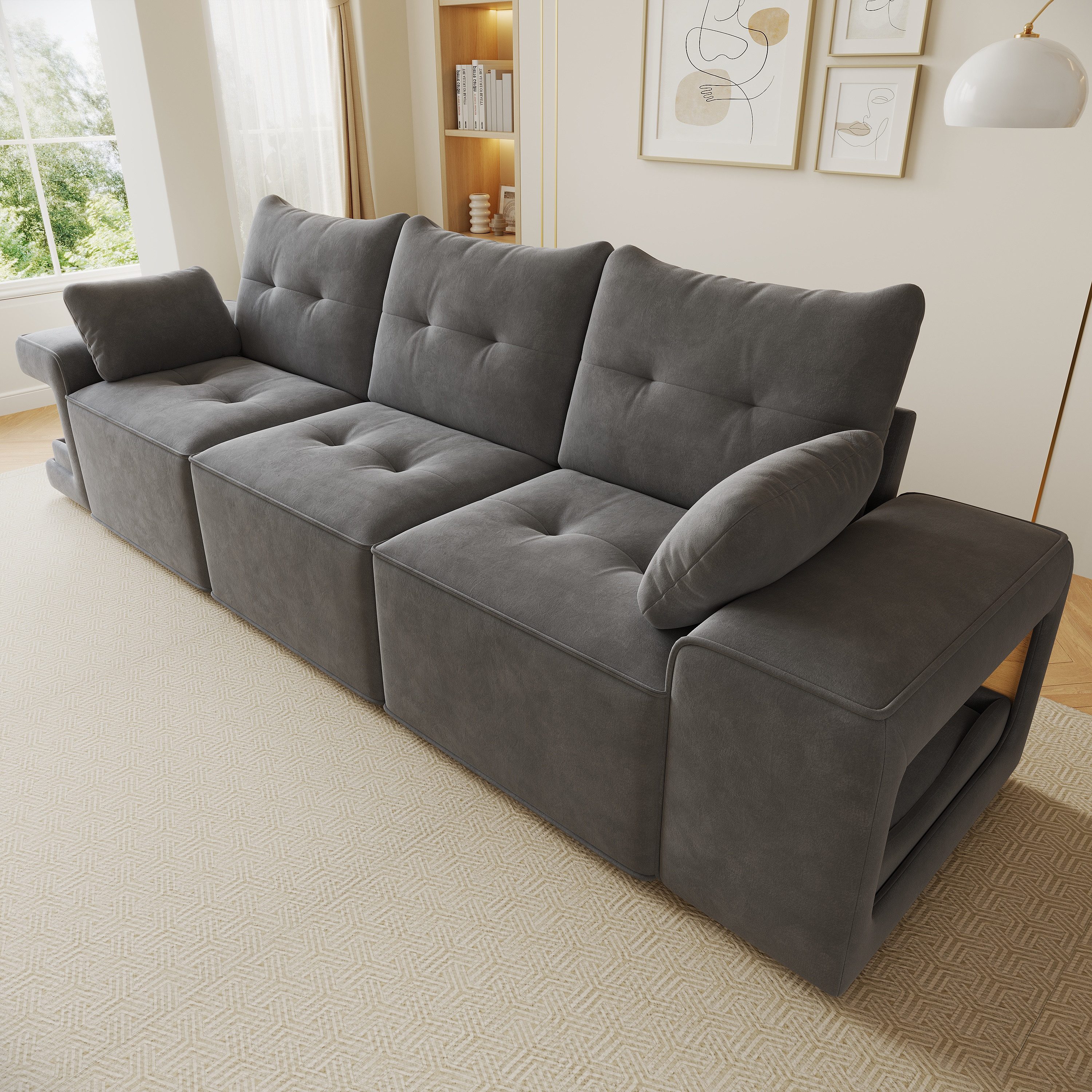 Flieks 3-Sitzer modulares Schlafsofa mit Stauraum & gepolstertem Haustierbereich, 229,5x78x84 cm, Cloud-Sofa Couch inkl. 2 Zierkissen Big-Sofa Samtstoff Beige – Bild 5 von 5