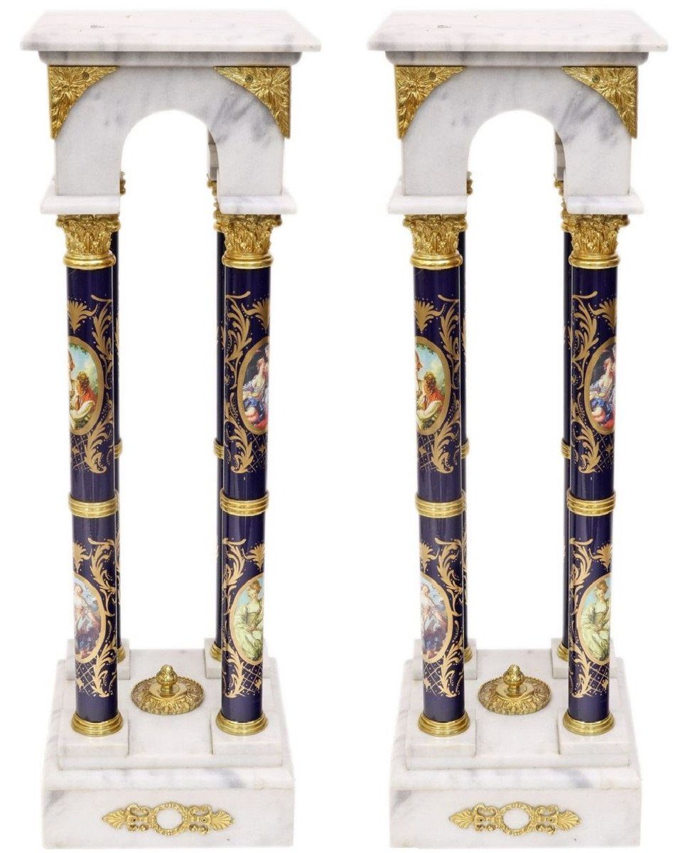 Casa Padrino Beistelltisch Barock Marmorsäulen Säulen Weiß Elegantes im Set / - Gold Dunkelblau / Set Barockstil