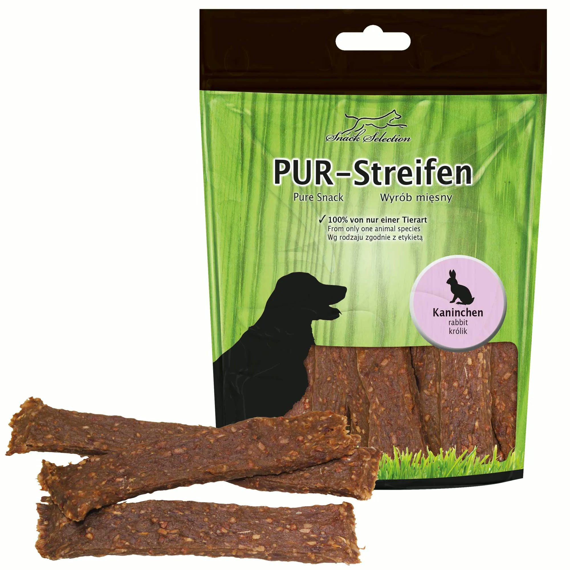 Greenhound PUR Streifen Kaninchen - Zäh, aber weich – leicht teilbar & gut kaubar Kaninchen, Snack für: Hunde, Monoprotein: 100 % Fleisch einer Tierart