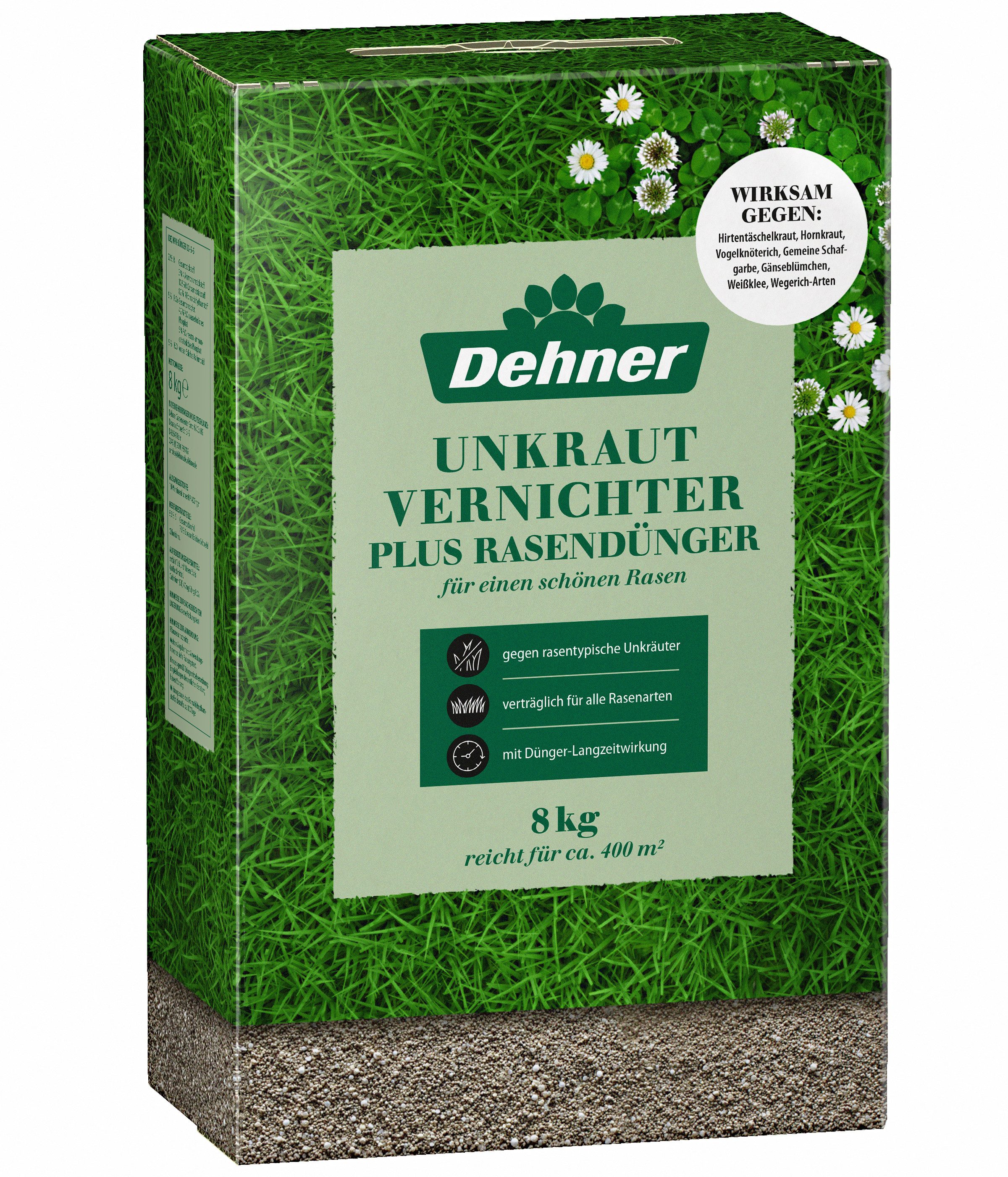 Dehner Rasendünger Unkrautvernichter plus Rasendünger, 5kg oder 8kg, 400 m², Langzeitwirkung bis zu 3 Monate