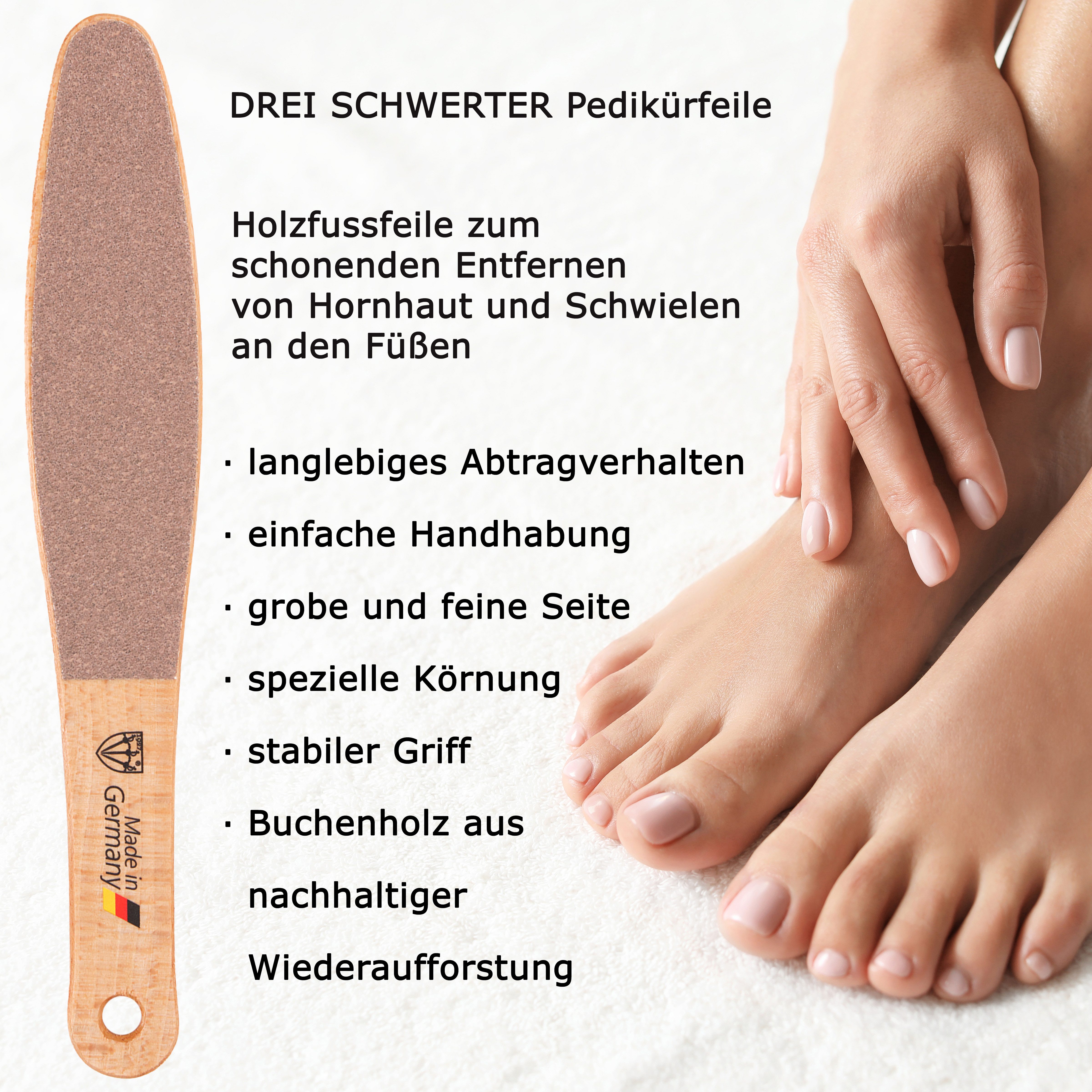 3 SCHWERTER Hornhautfeile Hochwertige Fußfeile aus Buchenholz, Pediküre Set, Effektive & Sanfte Fußpflege, 27 x 4,5 cm, Made in Germany