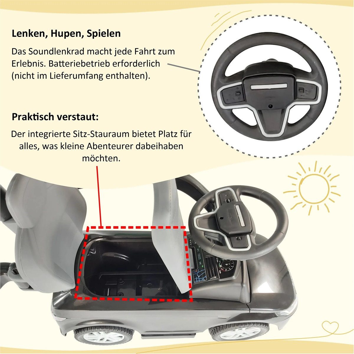 Lemodo Rutscherauto Land Rover mit Schiebestange, Kinderfahrzeug mit Soundlenkrad, 65x28x41cm, ab 12 Monate, offiziell lizenziert – Bild 3 von 5