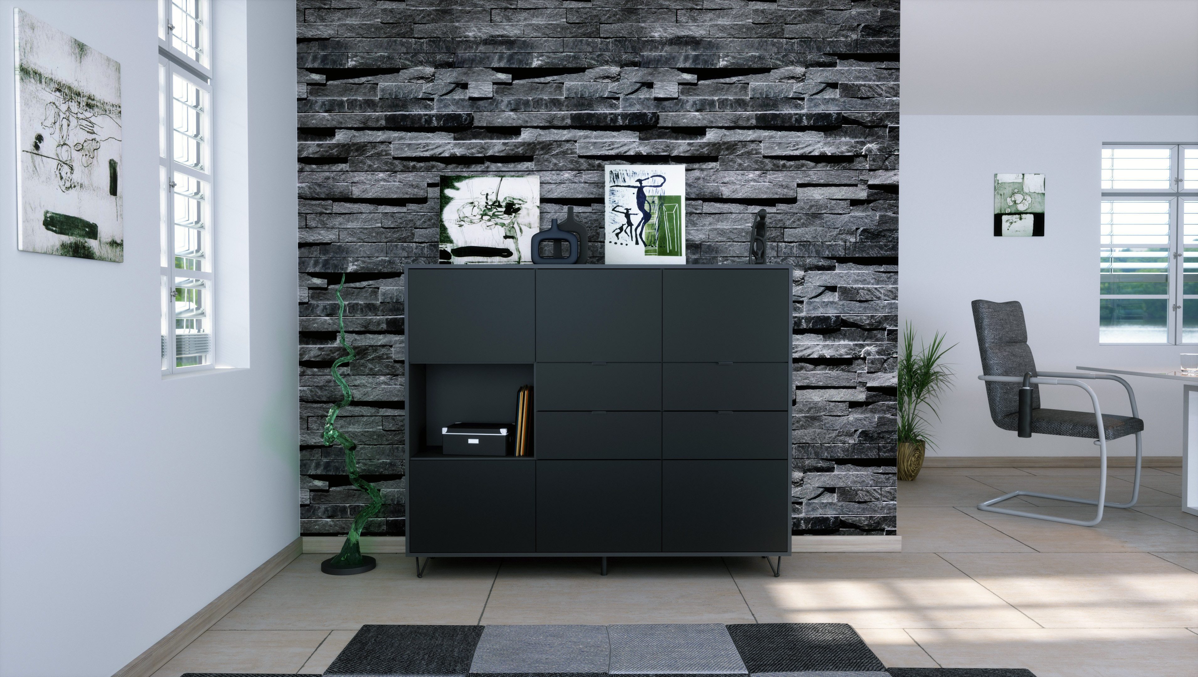 Vladon Highboard Marino V2 (Highboard mit 6 Türen Schwarz matt, 4 Schubladen Schwarz matt, Made in Germany), Korpus Anthrazit matt (152,5 x 125,5 x 37 cm)