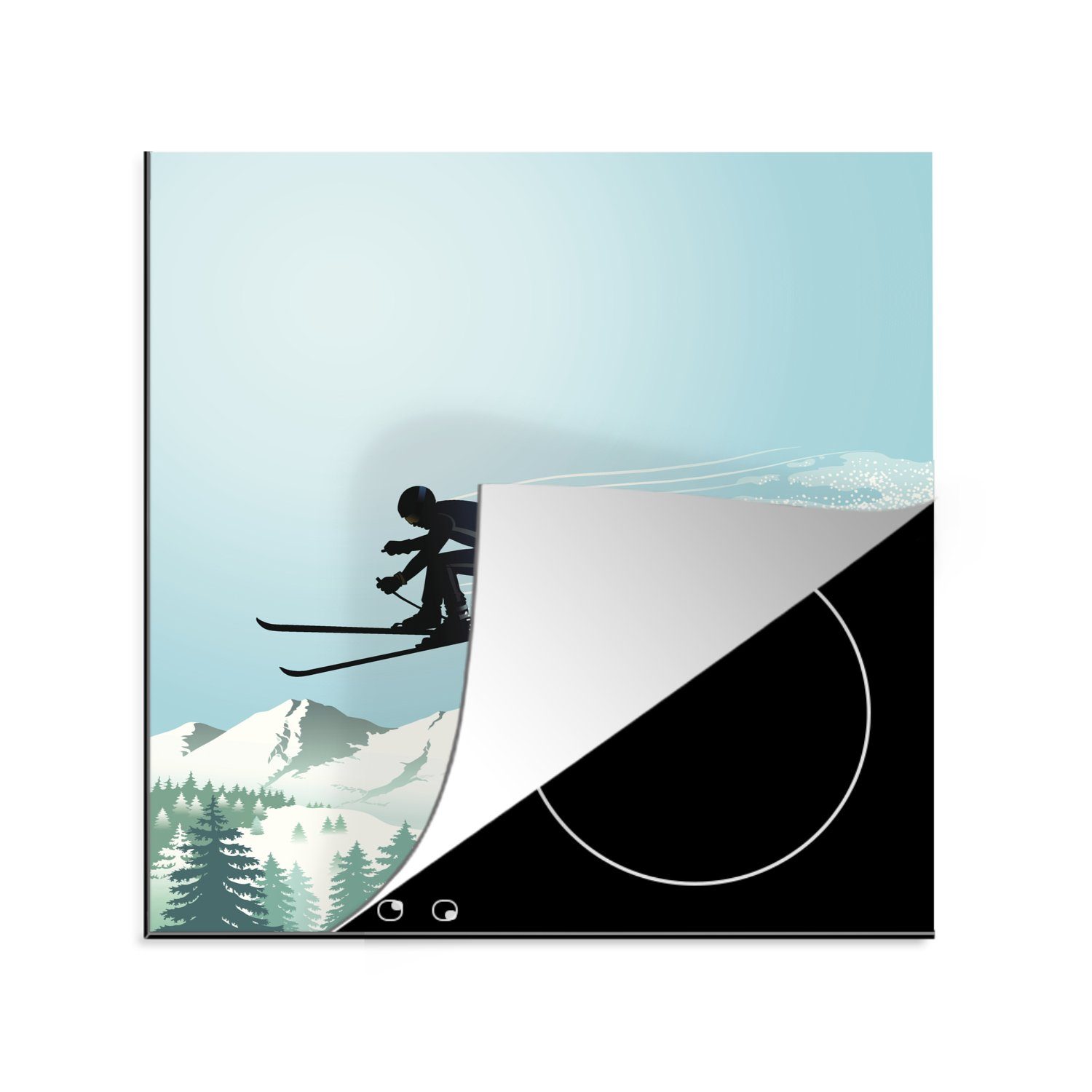 MuchoWow Herdblende-/Abdeckplatte Eine Illustration des Hochsprungs eines Skifahrers, Vinyl, (1 tlg), 78x78 cm, Ceranfeldabdeckung, Arbeitsplatte für küche