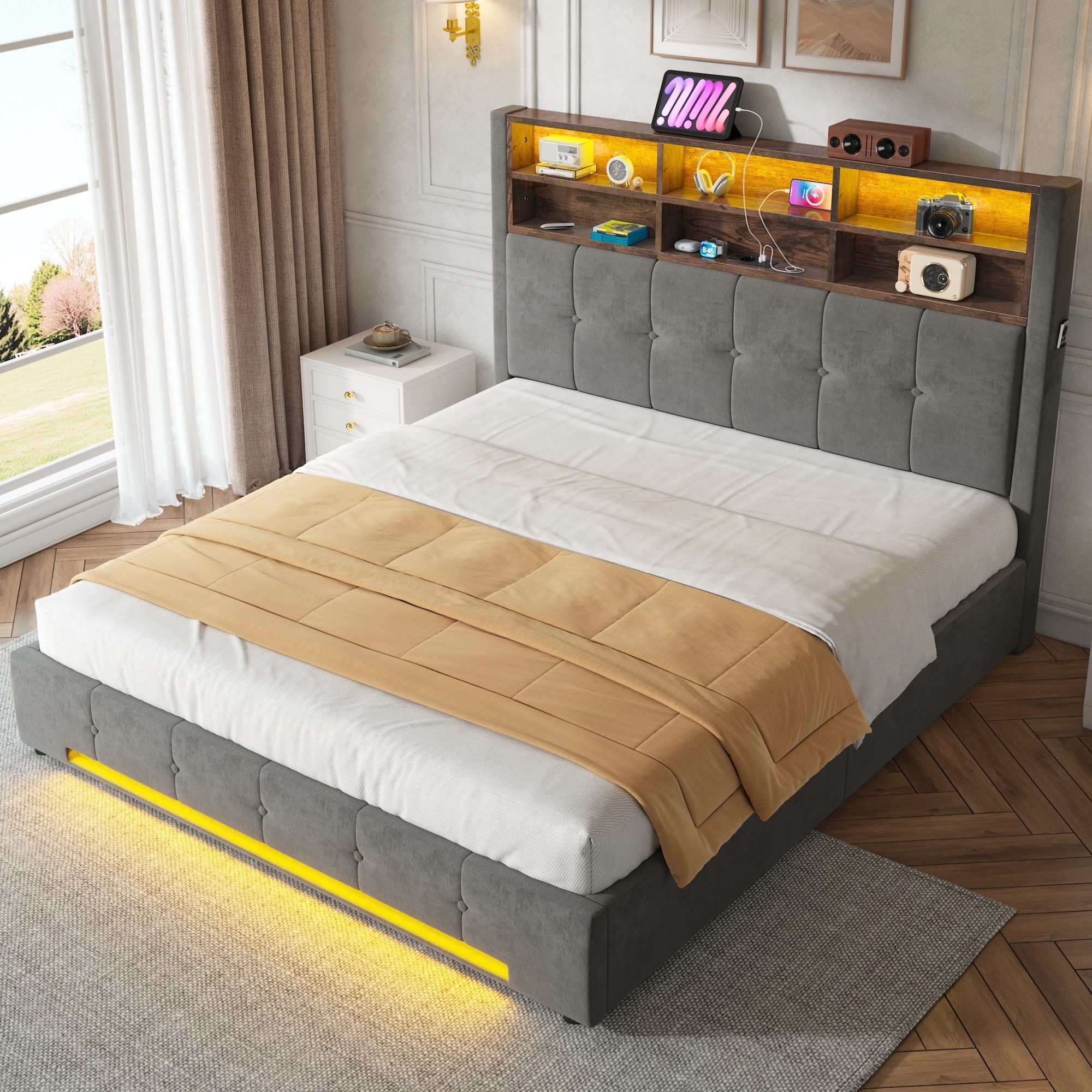 TavilaEcon Polsterbett 180×200 cm & weitere Größen mit Bettkasten und USB-C-Anschluss (1-tlg), mit Hydraulikfunktion & Samtbezug, 180×200cm, grau – Bild 3 von 5